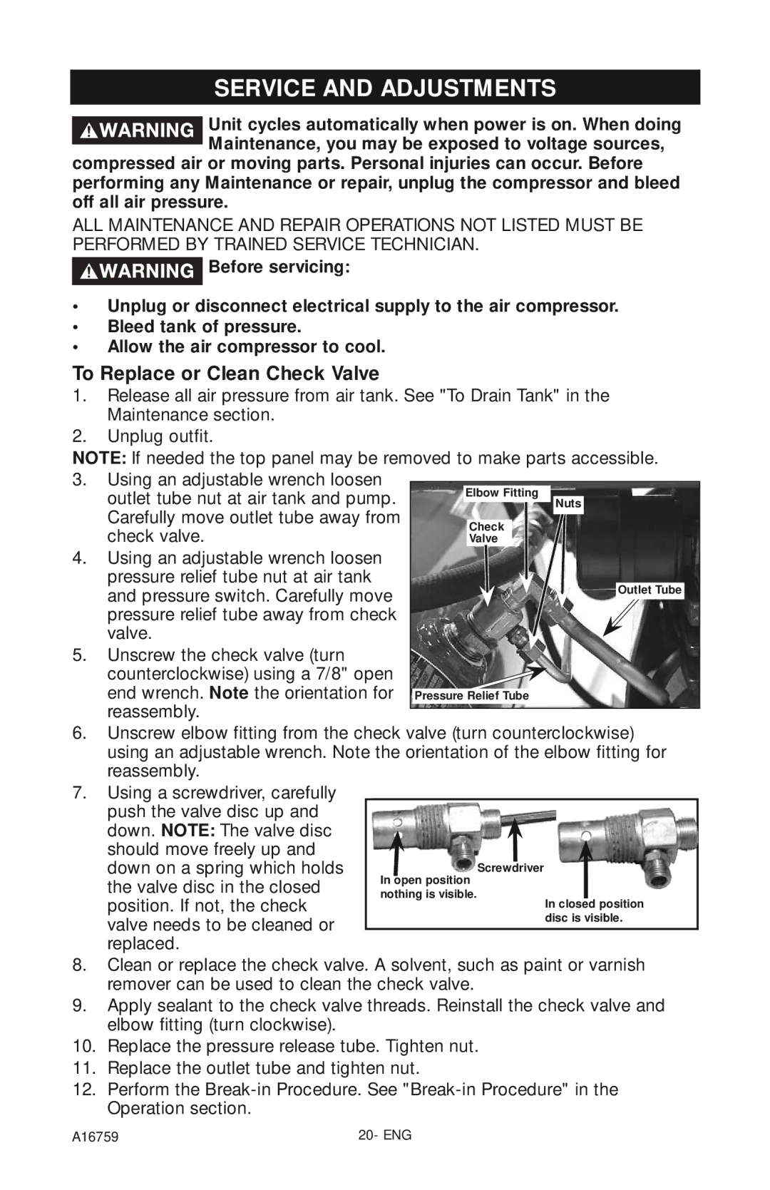 Porter-Cable A16759 instruction manual Service and Adjustments, To Replace or Clean Check Valve 