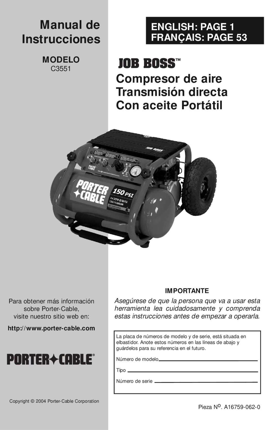 Porter-Cable A16759 instruction manual Manual de Instrucciones 