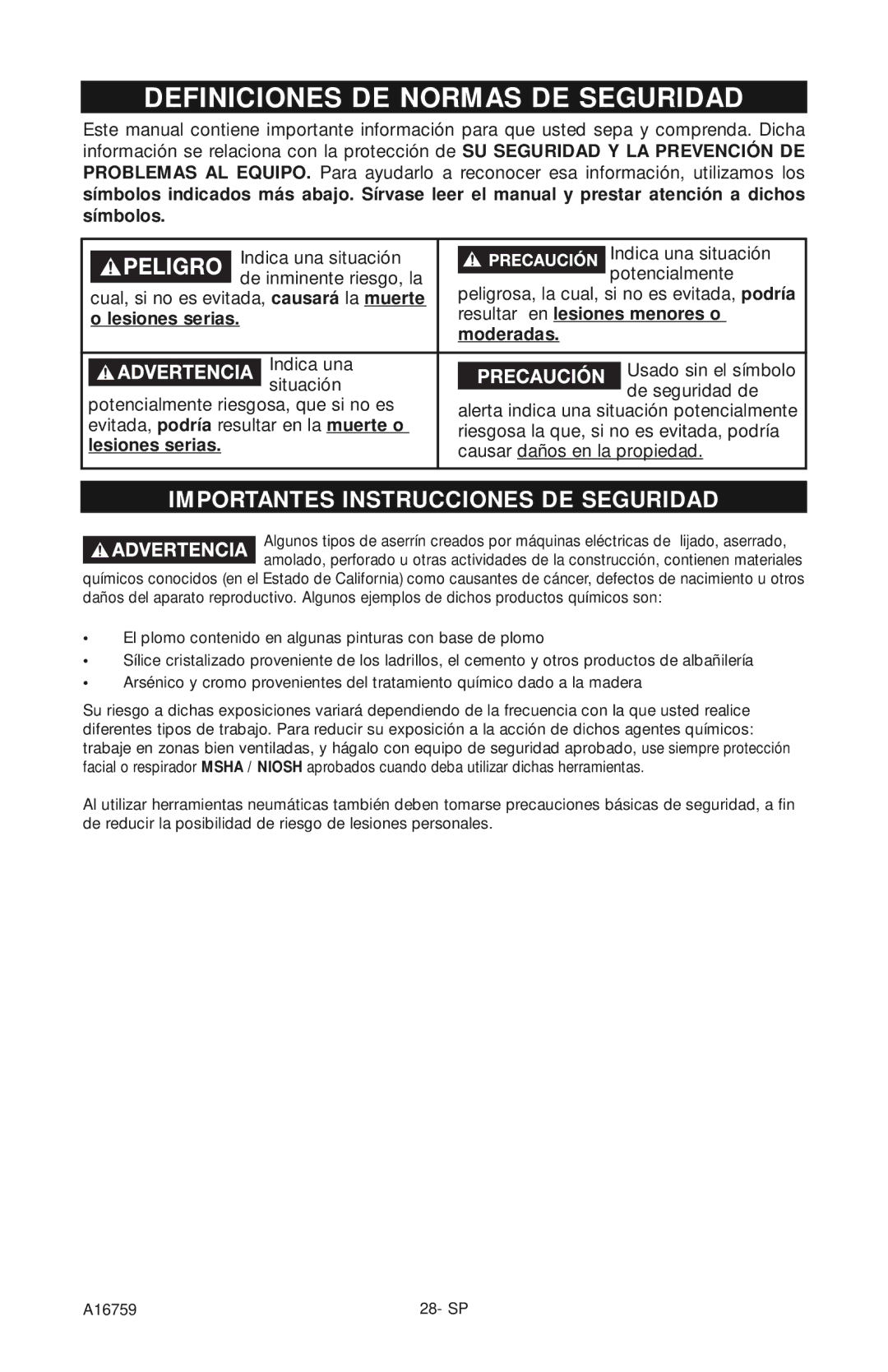 Porter-Cable A16759 Definiciones DE Normas DE Seguridad, Lesiones serias Resultar en lesiones menores o Moderadas 