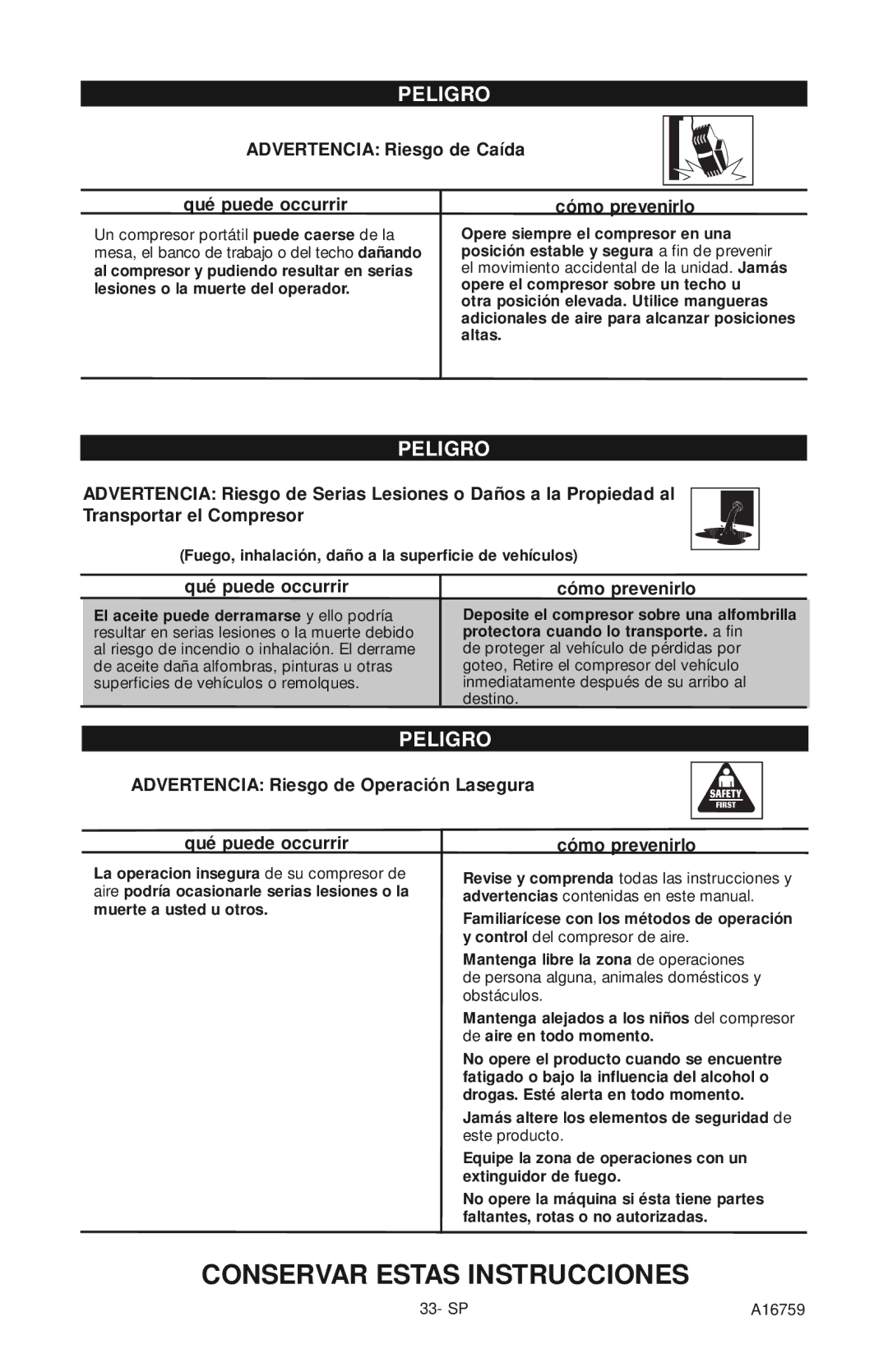 Porter-Cable A16759 instruction manual Advertencia Riesgo de Caída Qué puede occurrir 