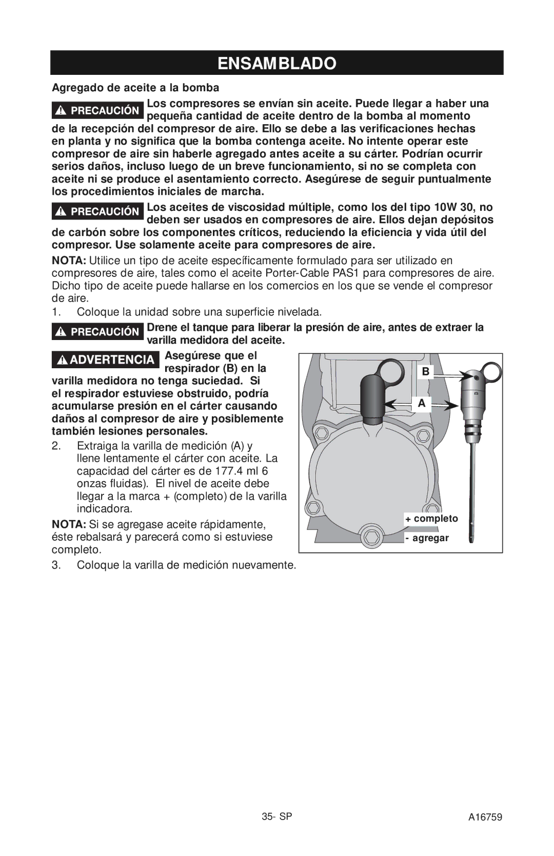 Porter-Cable A16759 instruction manual Ensamblado, Agregado de aceite a la bomba 