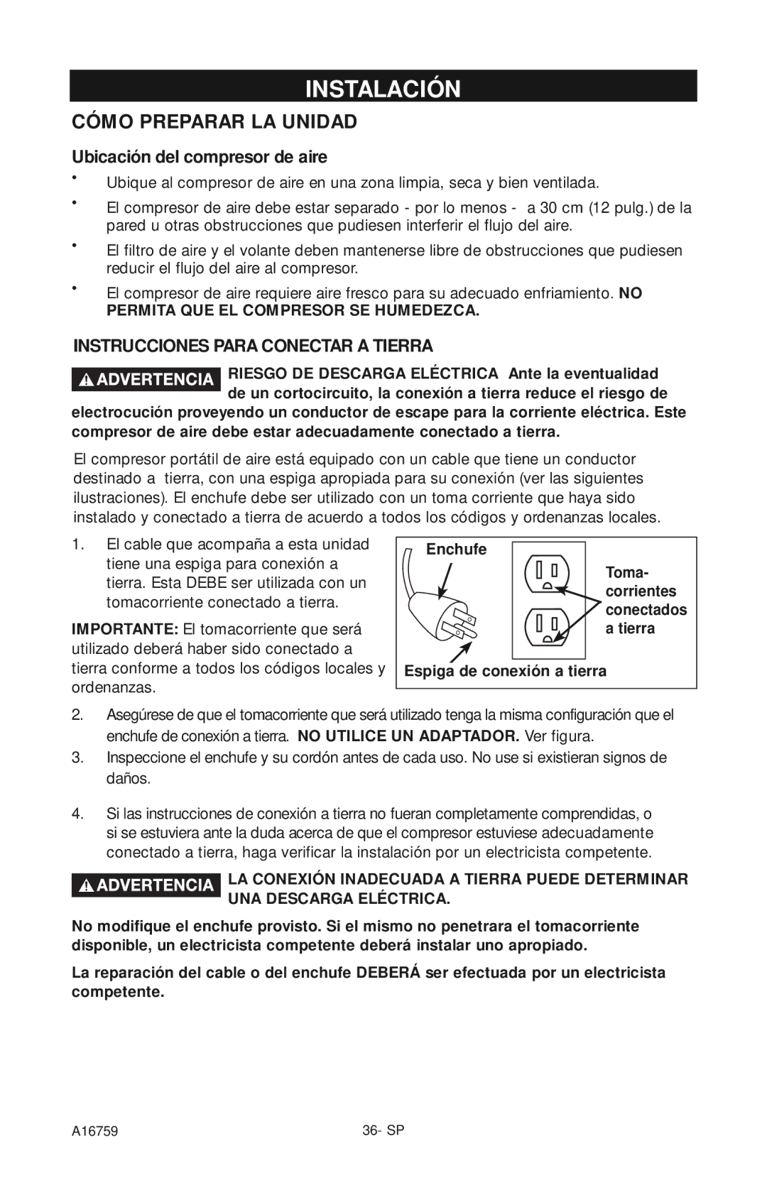 Porter-Cable A16759 instruction manual Instalación, Ubicación del compresor de aire, Enchufe, Espiga de conexión a tierra 