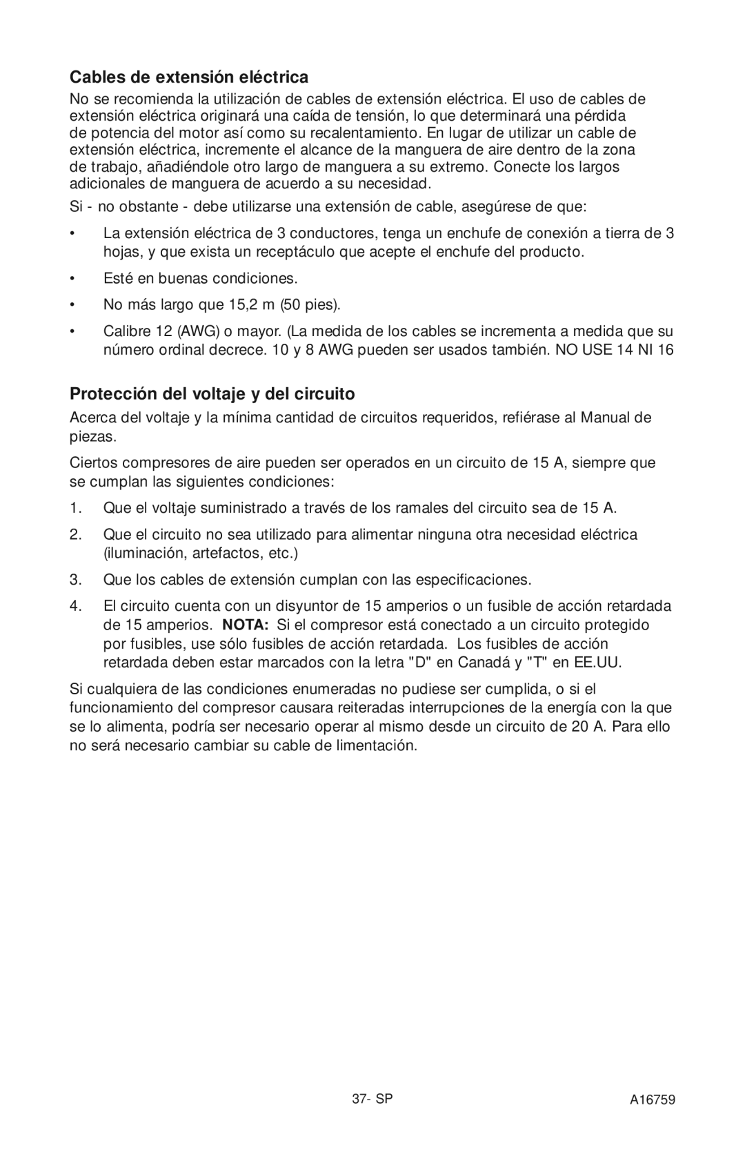 Porter-Cable A16759 instruction manual Cables de extensión eléctrica, Protección del voltaje y del circuito 