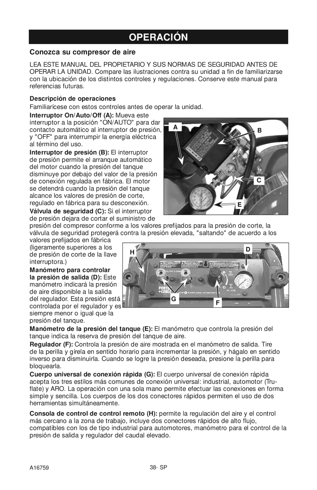 Porter-Cable A16759 instruction manual Operación, Conozca su compresor de aire 