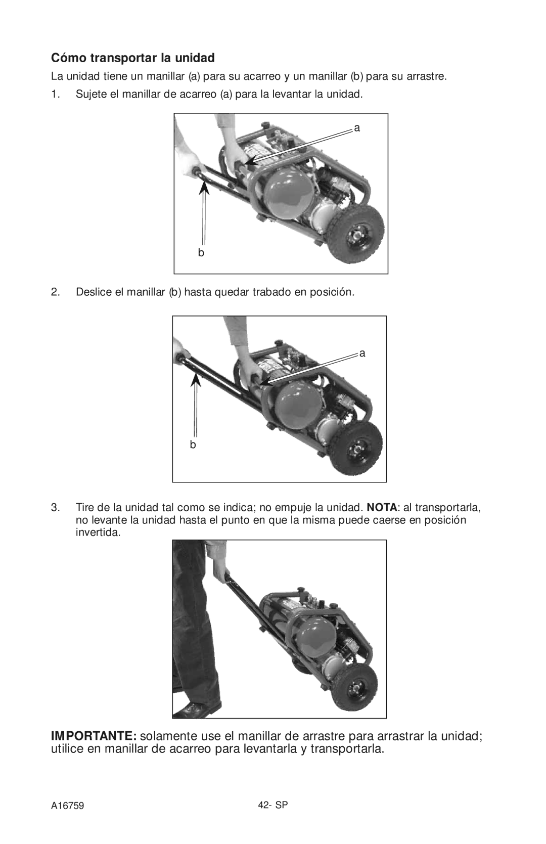 Porter-Cable A16759 instruction manual Cómo transportar la unidad 