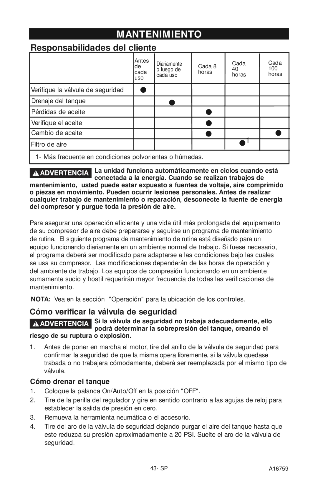 Porter-Cable A16759 instruction manual Mantenimiento, Cómo verificar la válvula de seguridad, Cómo drenar el tanque 