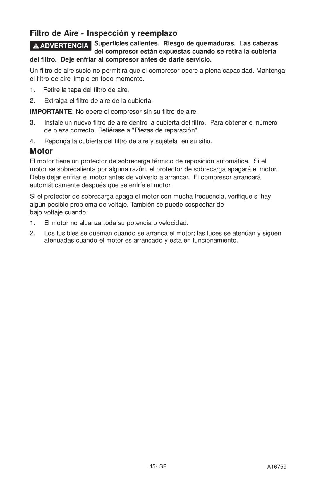 Porter-Cable A16759 instruction manual Filtro de Aire Inspección y reemplazo, Motor 