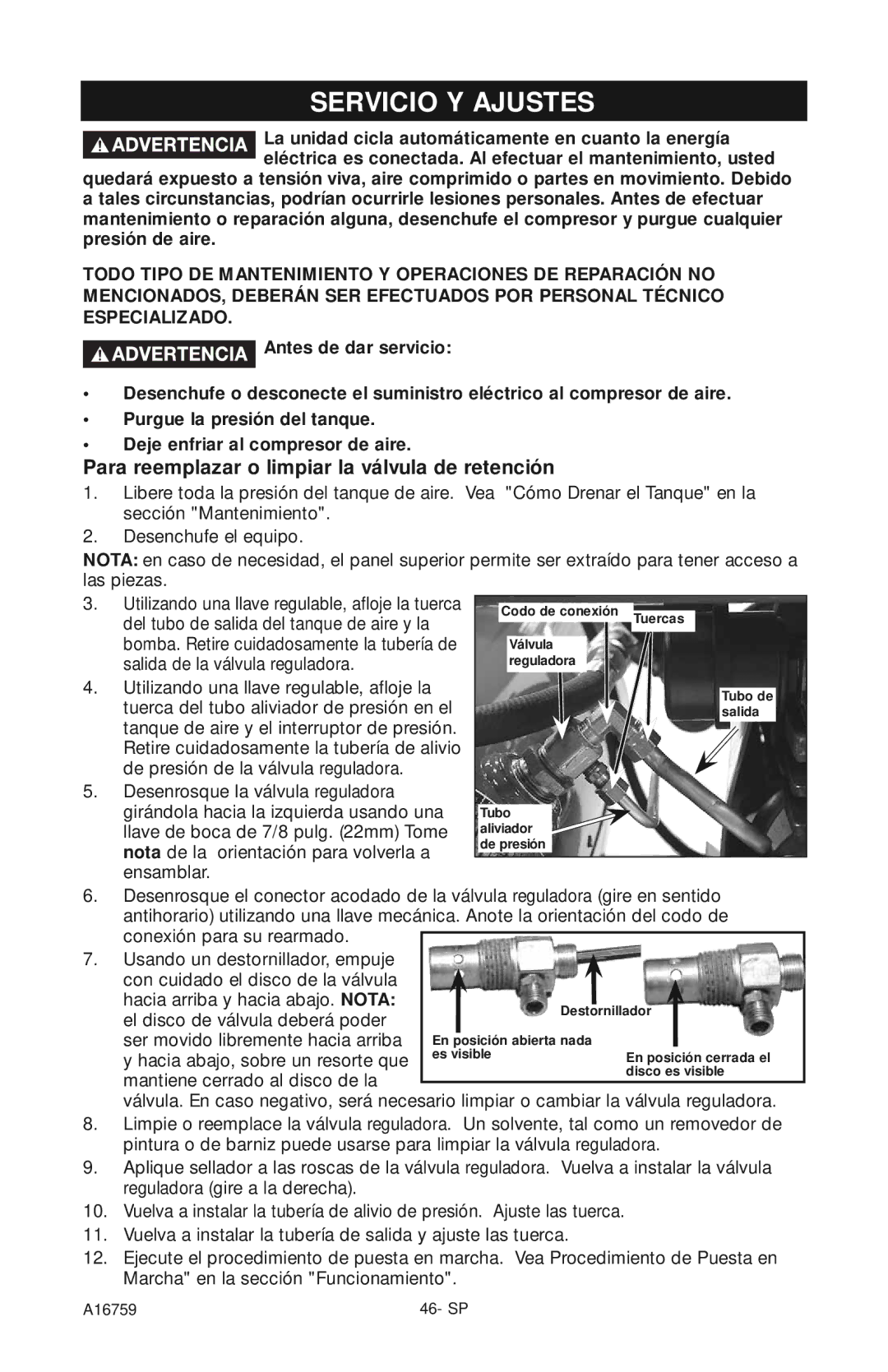 Porter-Cable A16759 instruction manual Servicio Y Ajustes, Para reemplazar o limpiar la válvula de retención 