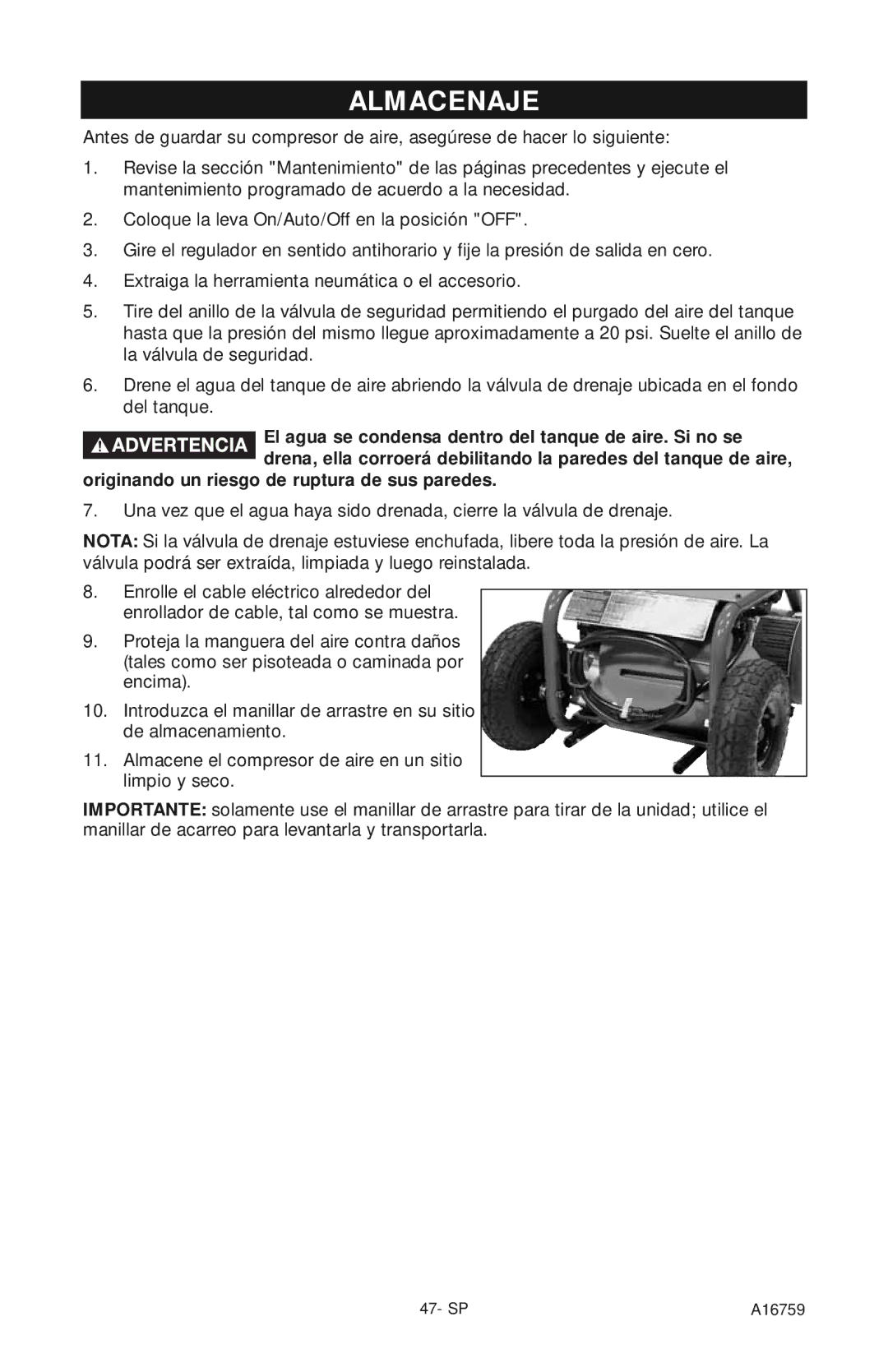 Porter-Cable A16759 instruction manual Almacenaje, Originando un riesgo de ruptura de sus paredes 