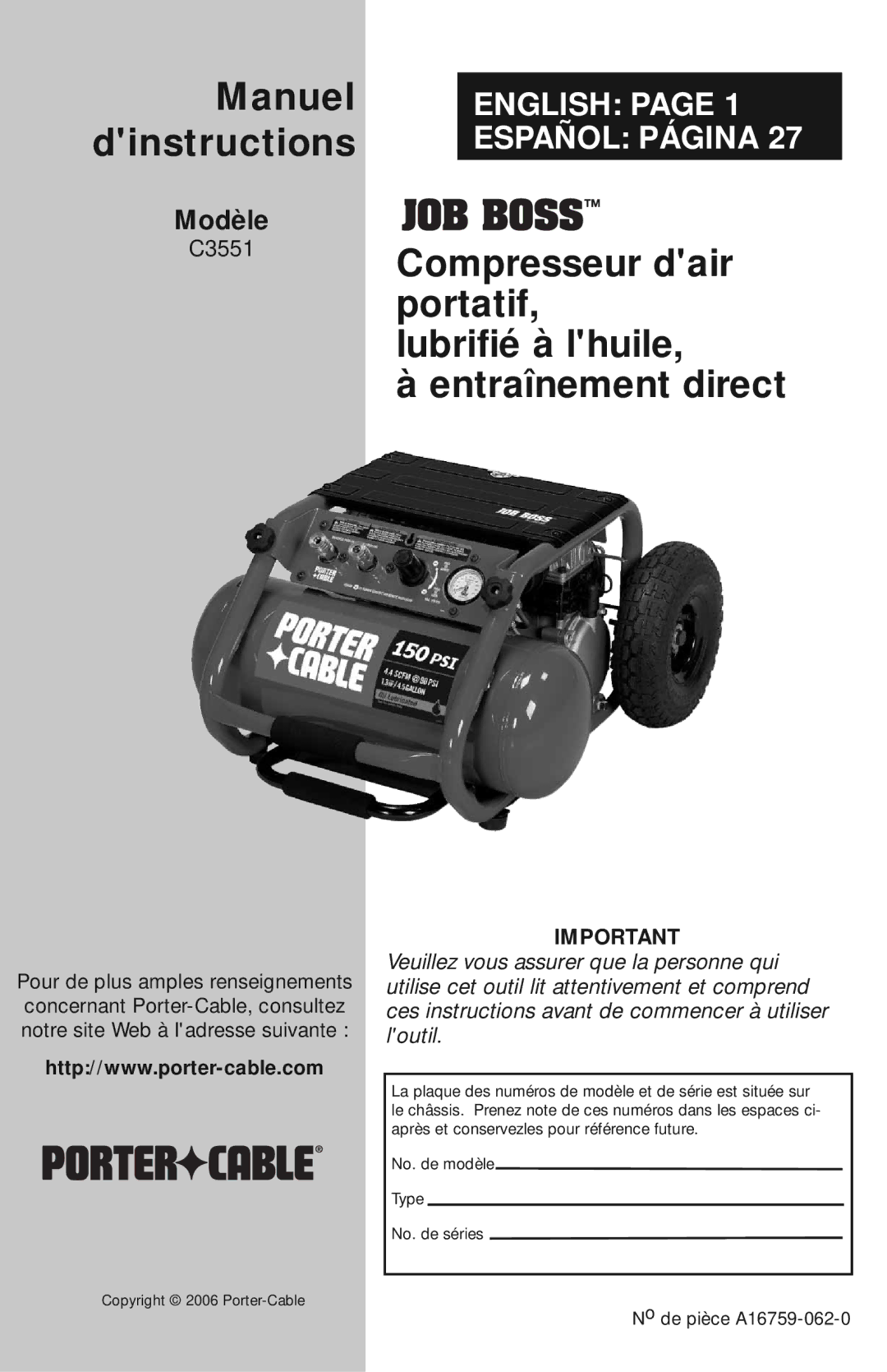 Porter-Cable A16759 instruction manual Manuel dinstructions 