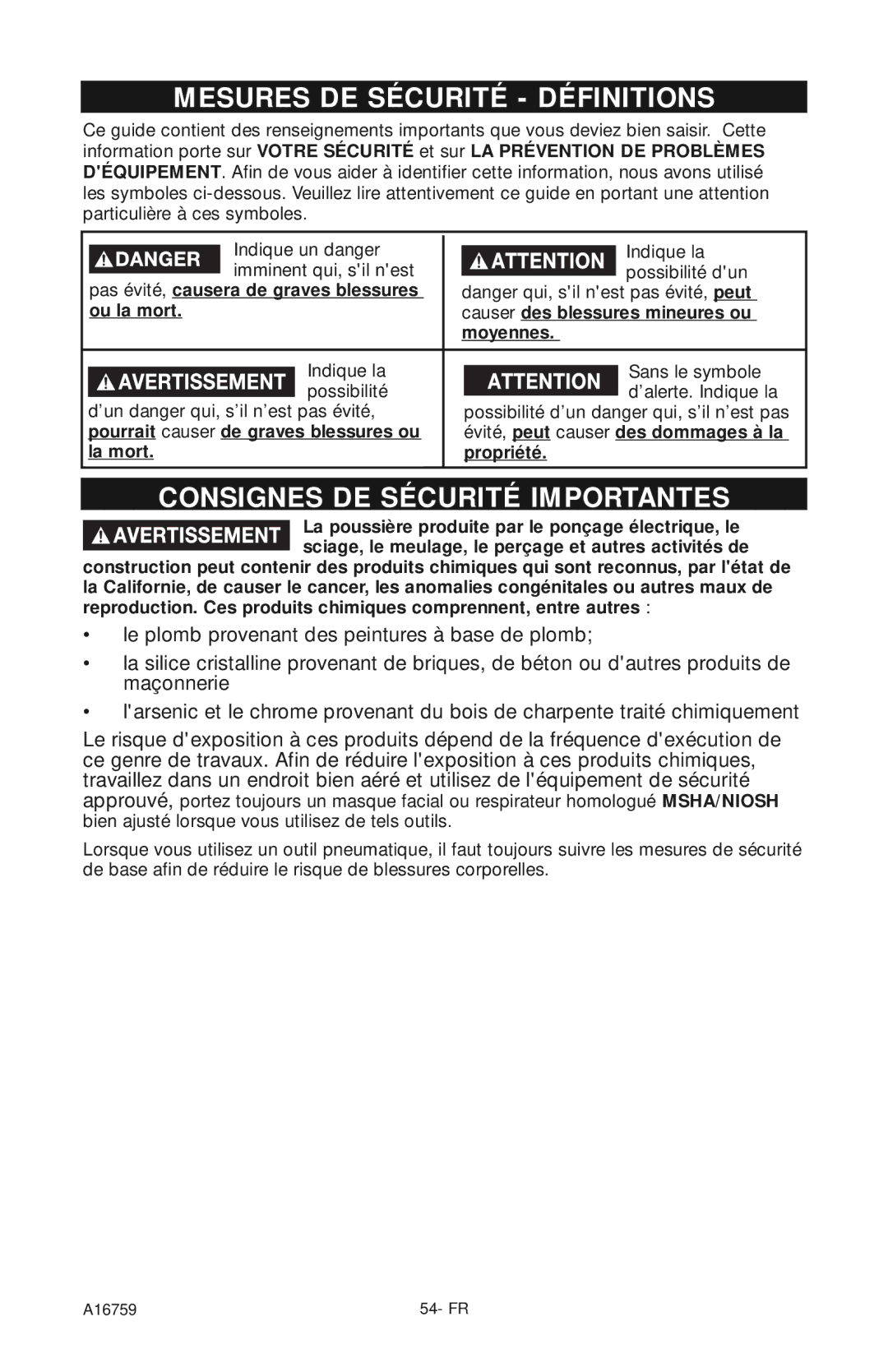 Porter-Cable A16759 Mesures DE Sécurité Définitions, Consignes DE Sécurité Importantes, La mort Propriété 