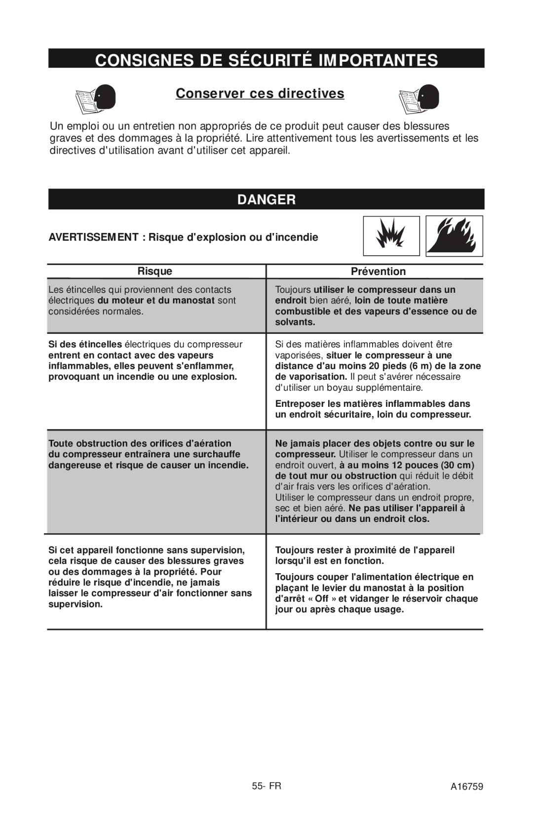 Porter-Cable A16759 instruction manual Conserver ces directives, Avertissement Risque dexplosion ou dincendie Prévention 