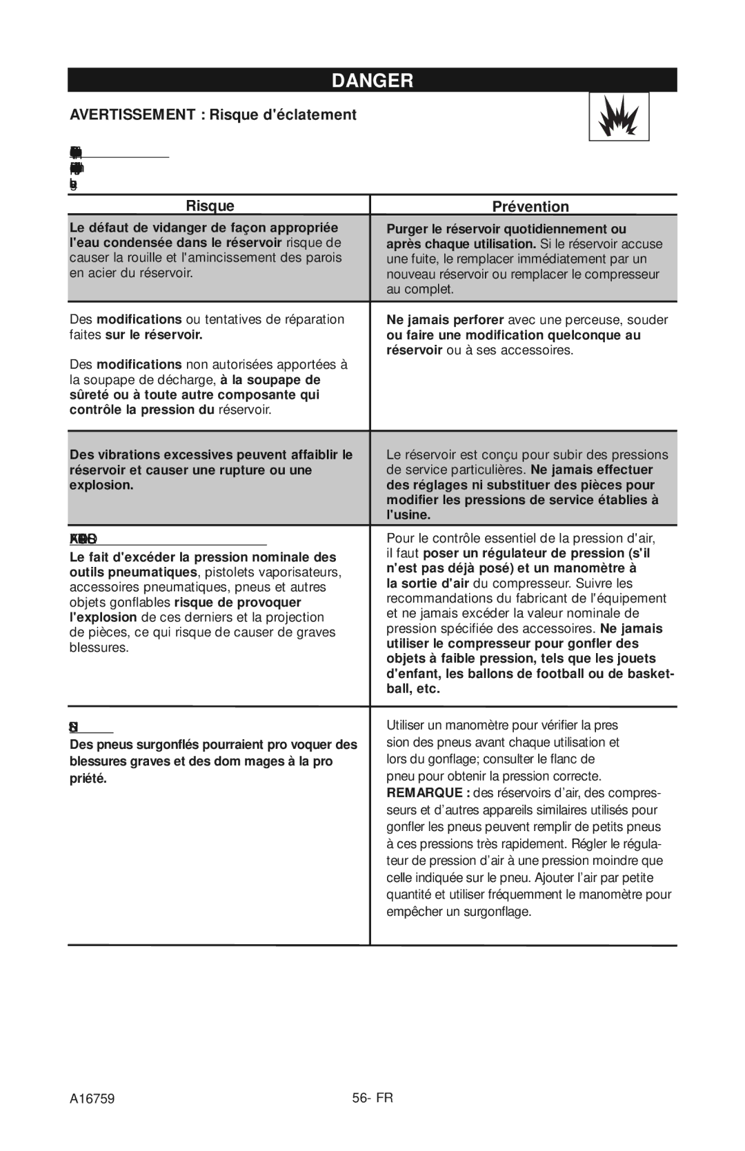Porter-Cable A16759 instruction manual Avertissement Risque déclatement, Risque Prévention 
