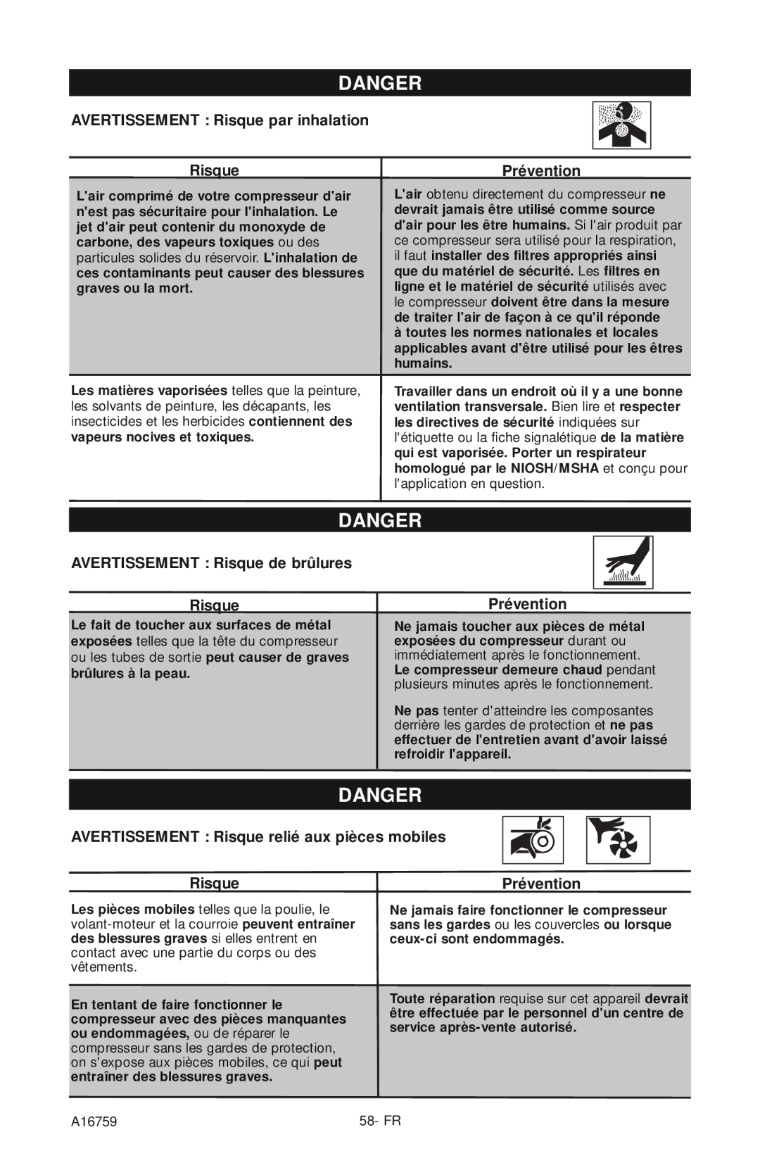 Porter-Cable A16759 instruction manual Avertissement Risque par inhalation, Avertissement Risque de brûlures 