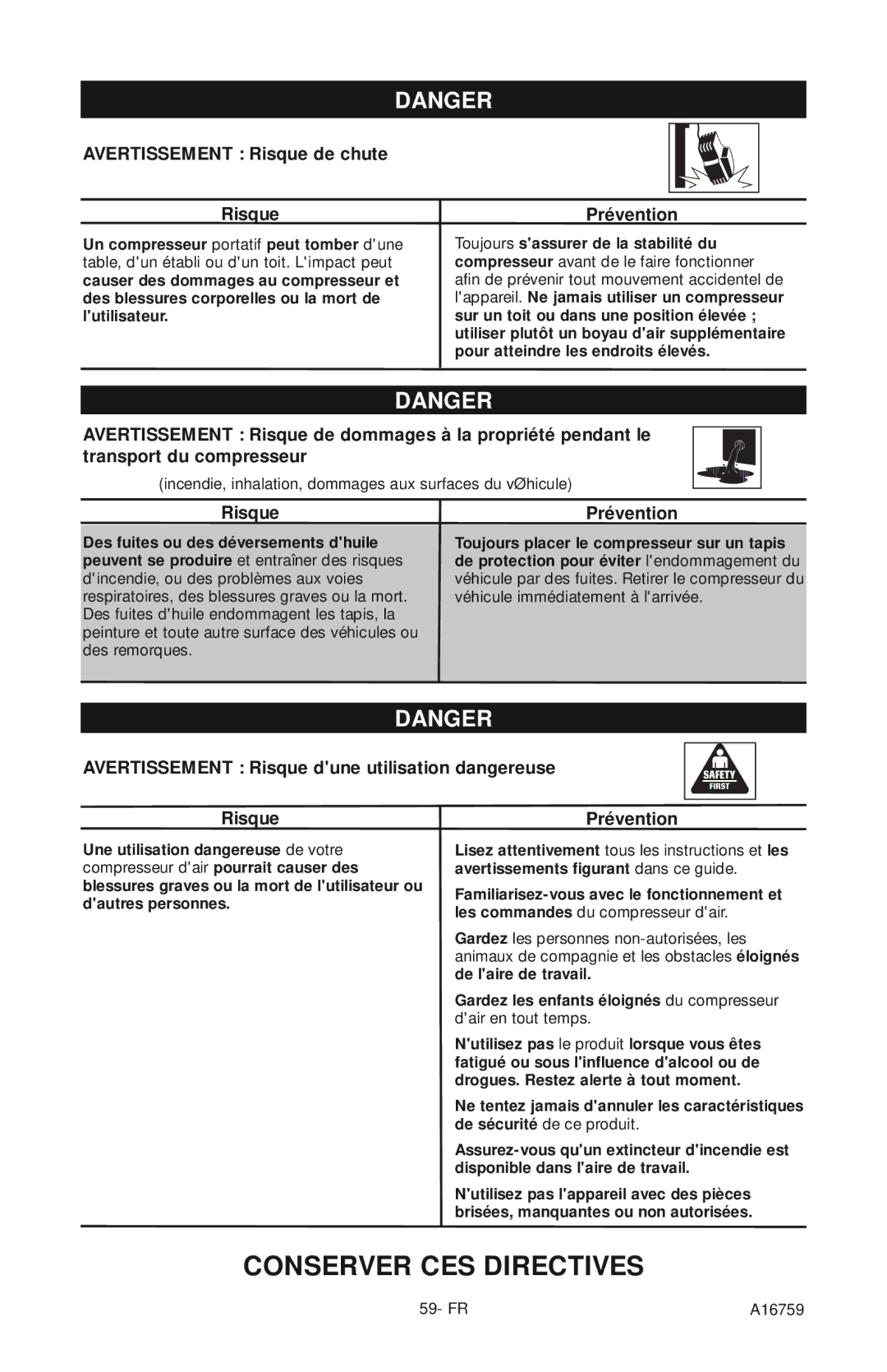 Porter-Cable A16759 instruction manual Avertissement Risque de chute, Avertissement Risque dune utilisation dangereuse 