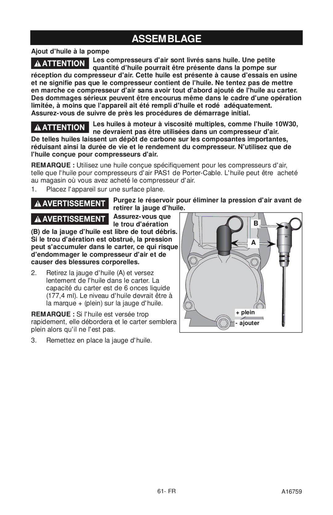 Porter-Cable A16759 instruction manual Assemblage, Ajout dhuile à la pompe 