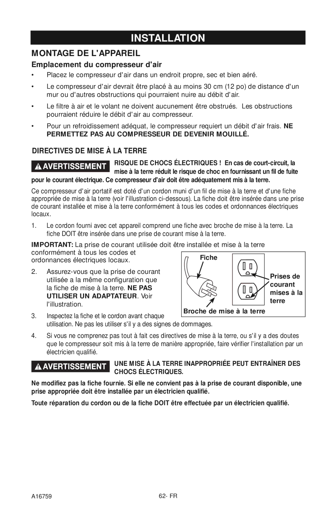 Porter-Cable A16759 instruction manual Emplacement du compresseur dair, Courant, Utiliser UN ADAPTATEUR. Voir, Terre 