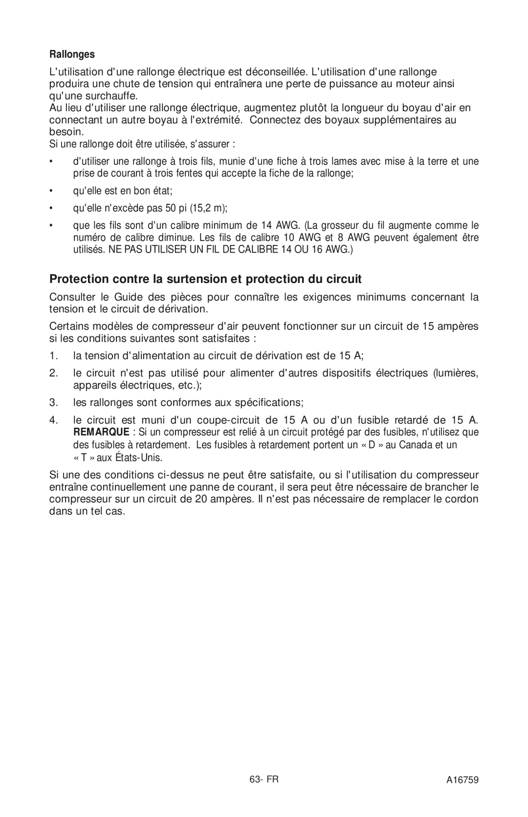 Porter-Cable A16759 instruction manual Protection contre la surtension et protection du circuit, Rallonges 