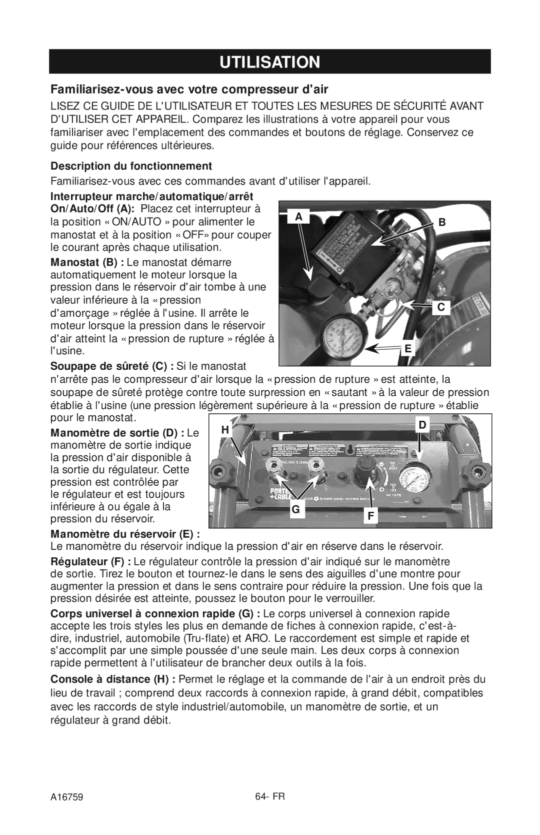 Porter-Cable A16759 instruction manual Utilisation, Familiarisez-vous avec votre compresseur dair 