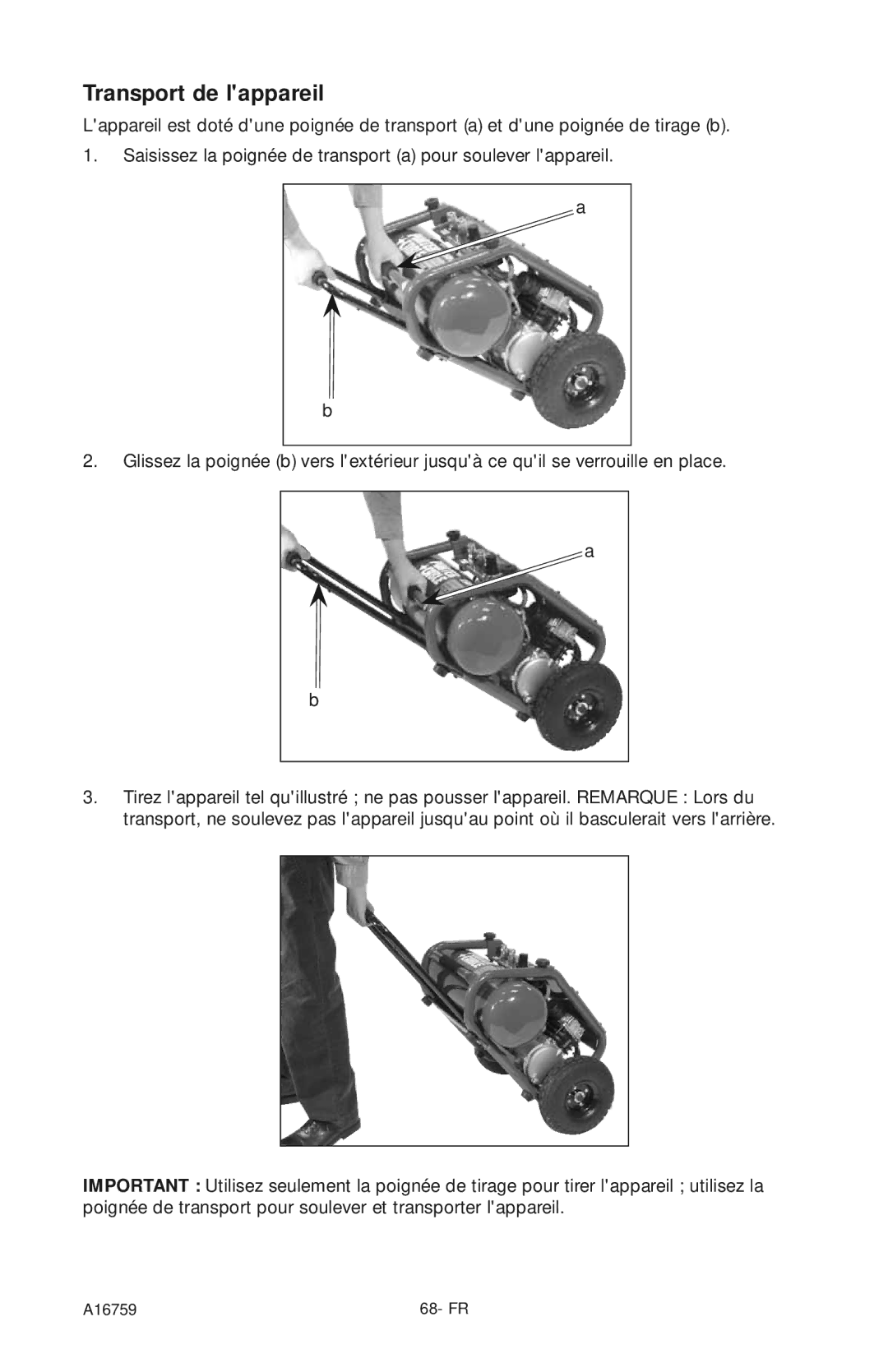 Porter-Cable A16759 instruction manual Transport de lappareil 