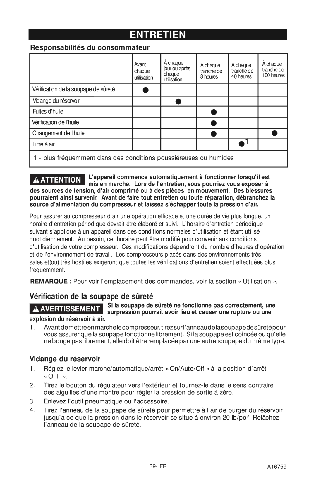 Porter-Cable A16759 Entretien, Vérification de la soupape de sûreté, Responsabilités du consommateur, Vidange du réservoir 