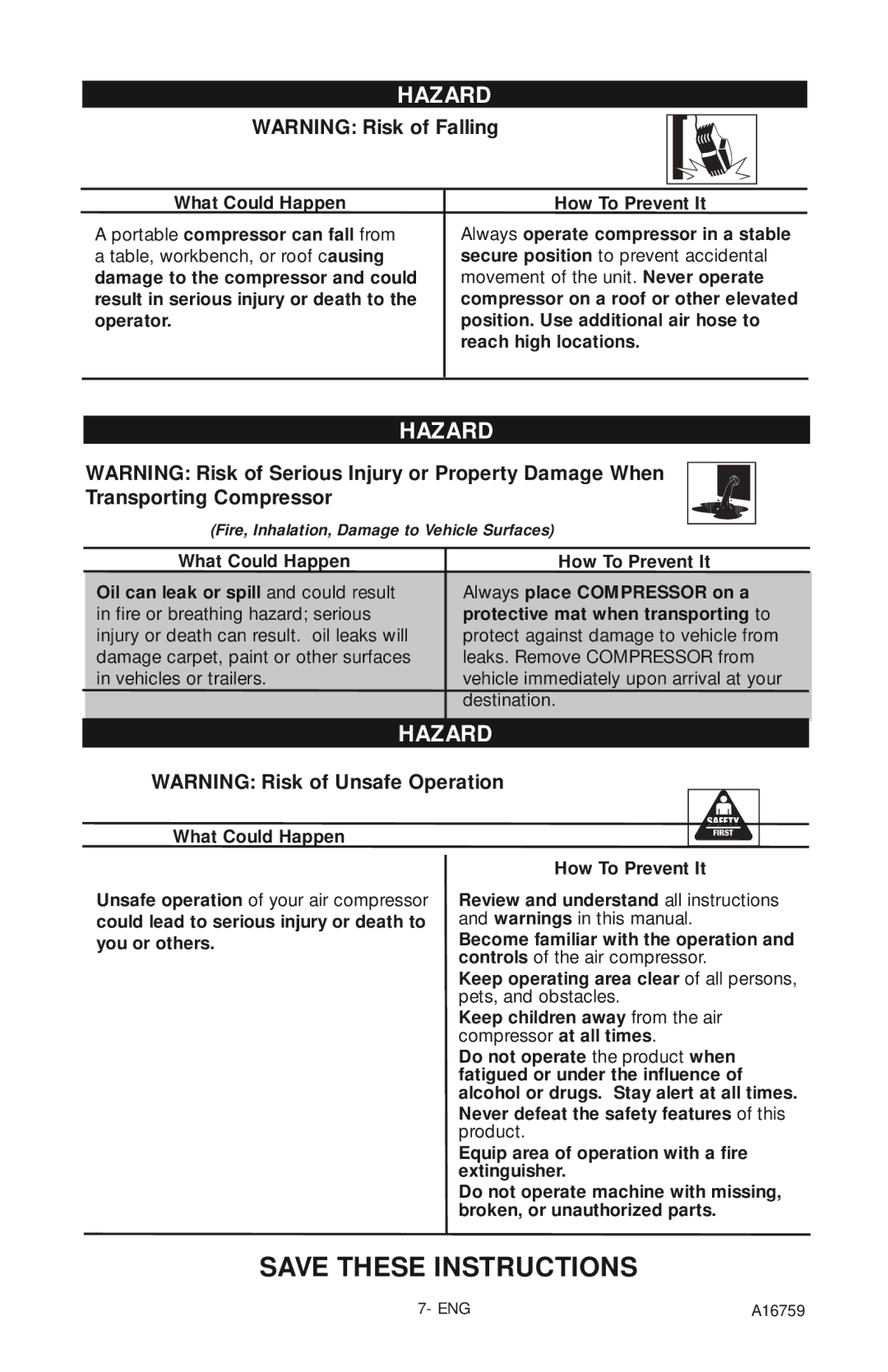 Porter-Cable A16759 instruction manual Fire, Inhalation, Damage to Vehicle Surfaces 