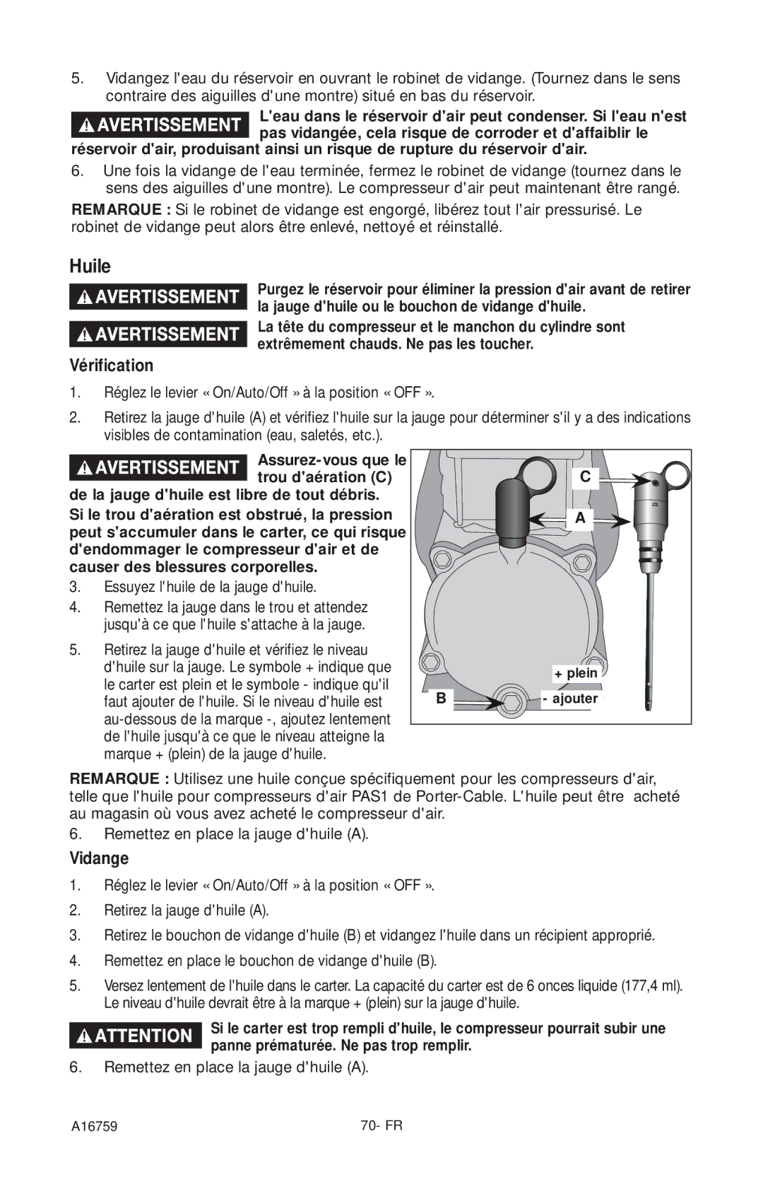 Porter-Cable A16759 instruction manual Huile, Vérification, Vidange 