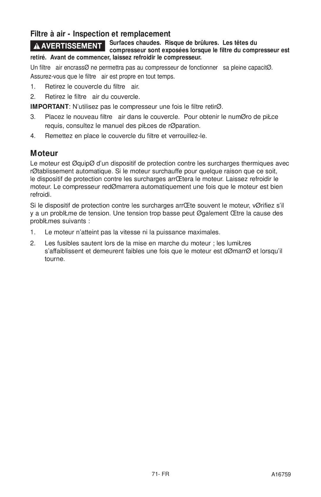 Porter-Cable A16759 instruction manual Filtre à air Inspection et remplacement, Moteur 