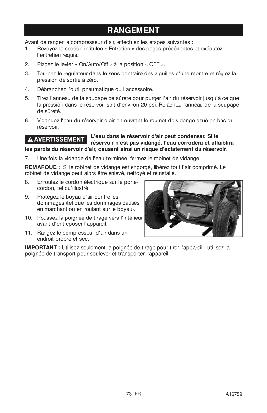 Porter-Cable A16759 instruction manual Rangement 