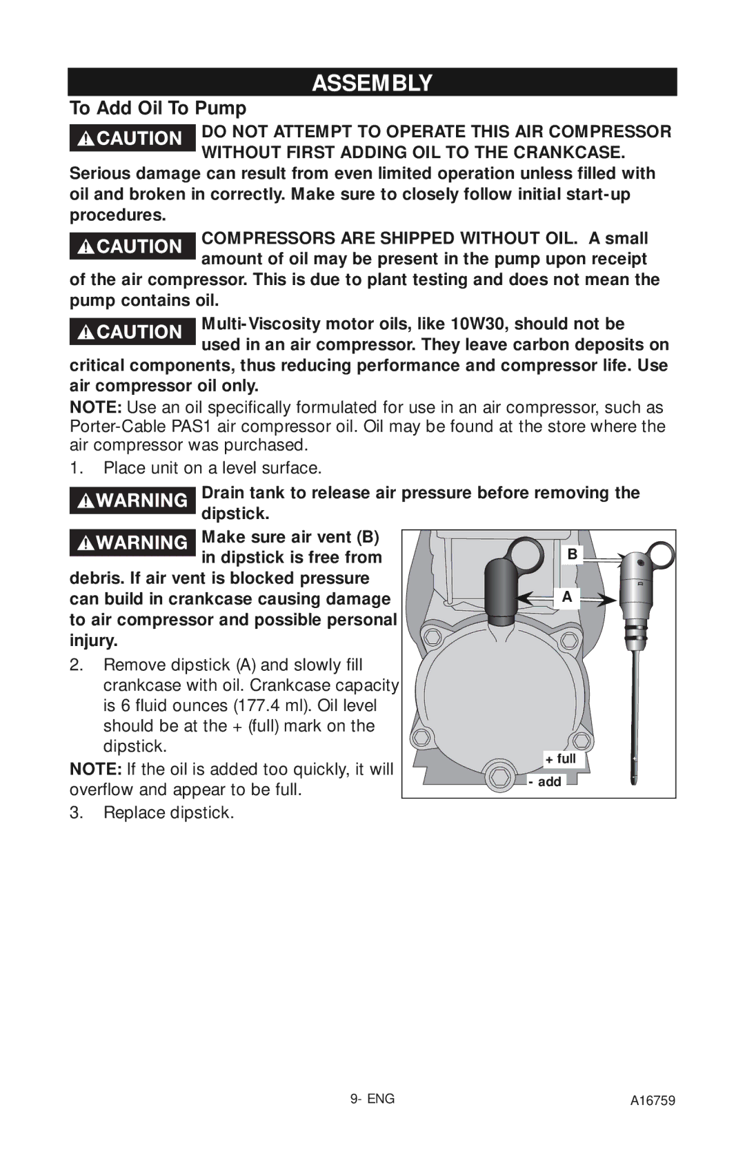 Porter-Cable A16759 instruction manual Assembly, To Add Oil To Pump 