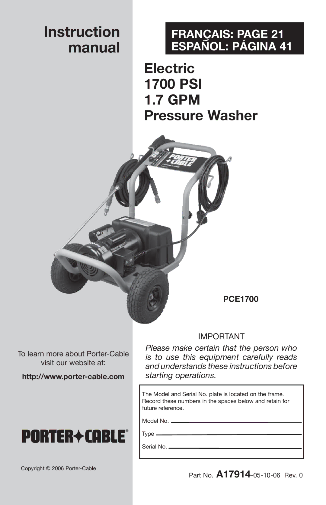 Porter-Cable PCE1700 instruction manual Manual, Part No. A17914-05-10-06 Rev 