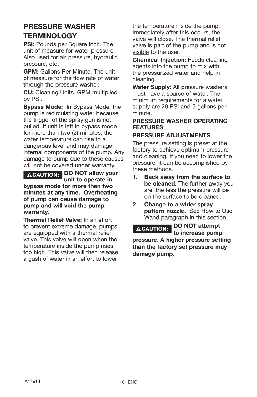 Porter-Cable A17914-05-10-06, PCE1700 Pressure Washer Terminology, Pressure Washer Operating Features Pressure Adjustments 