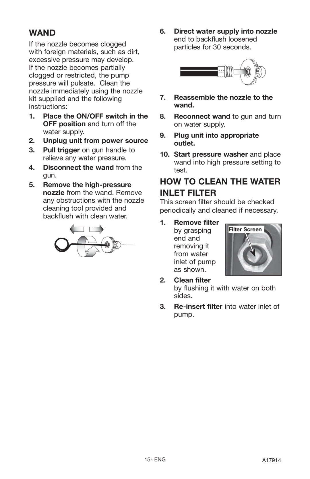 Porter-Cable PCE1700, A17914-05-10-06 instruction manual Wand, HOW to Clean the Water Inlet Filter, Clean filter 