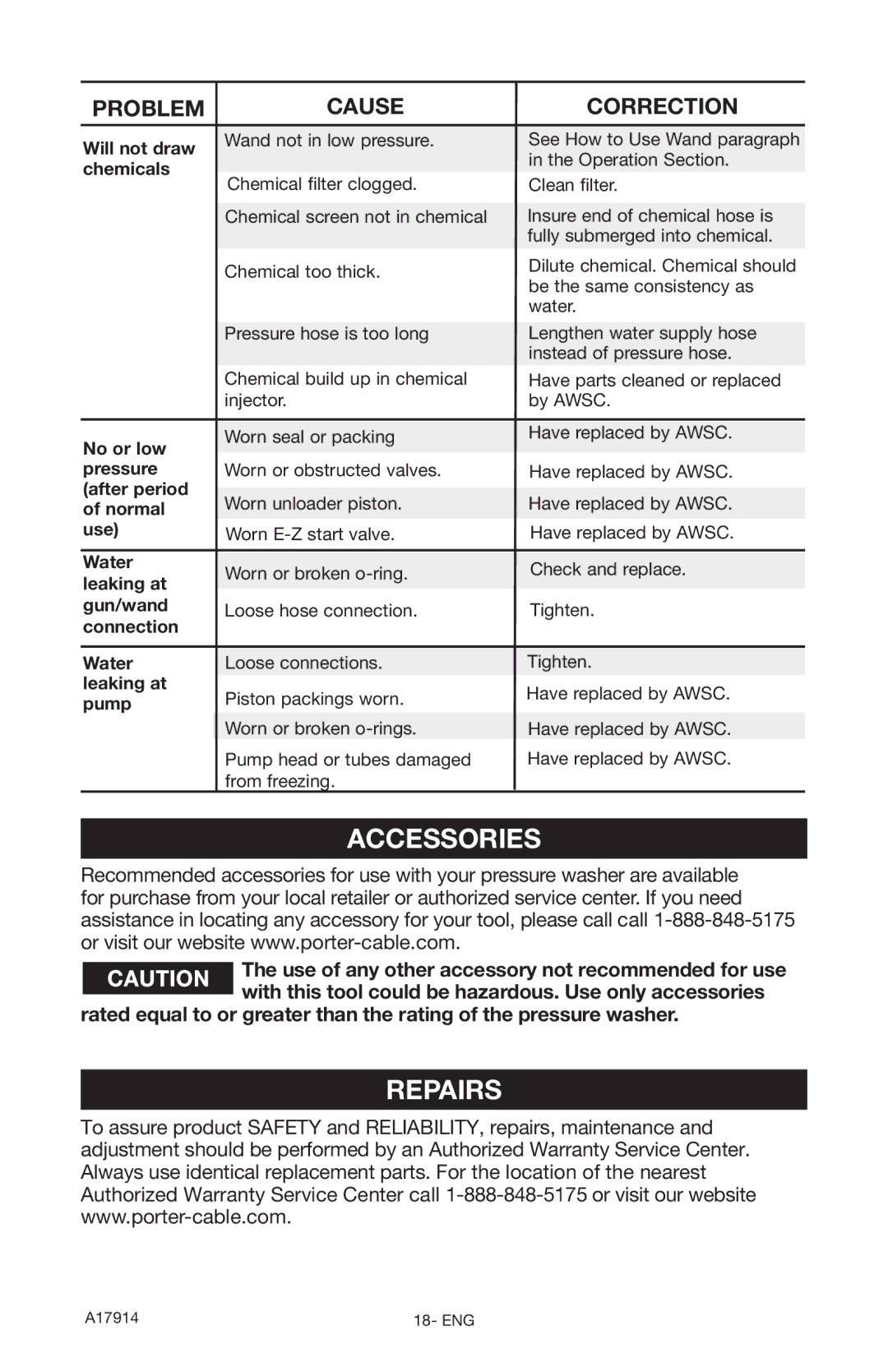 Porter-Cable A17914-05-10-06, PCE1700 instruction manual Accessories, Repairs 