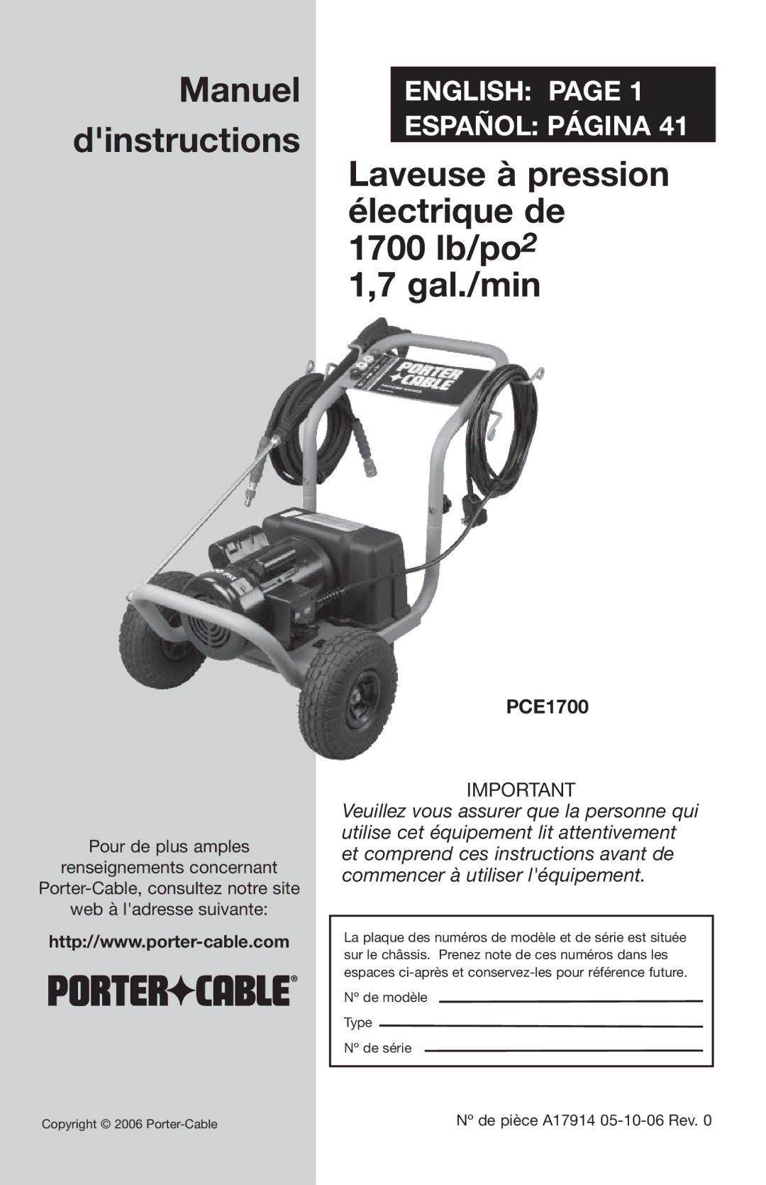 Porter-Cable PCE1700, A17914-05-10-06 instruction manual Manuel Dinstructions 