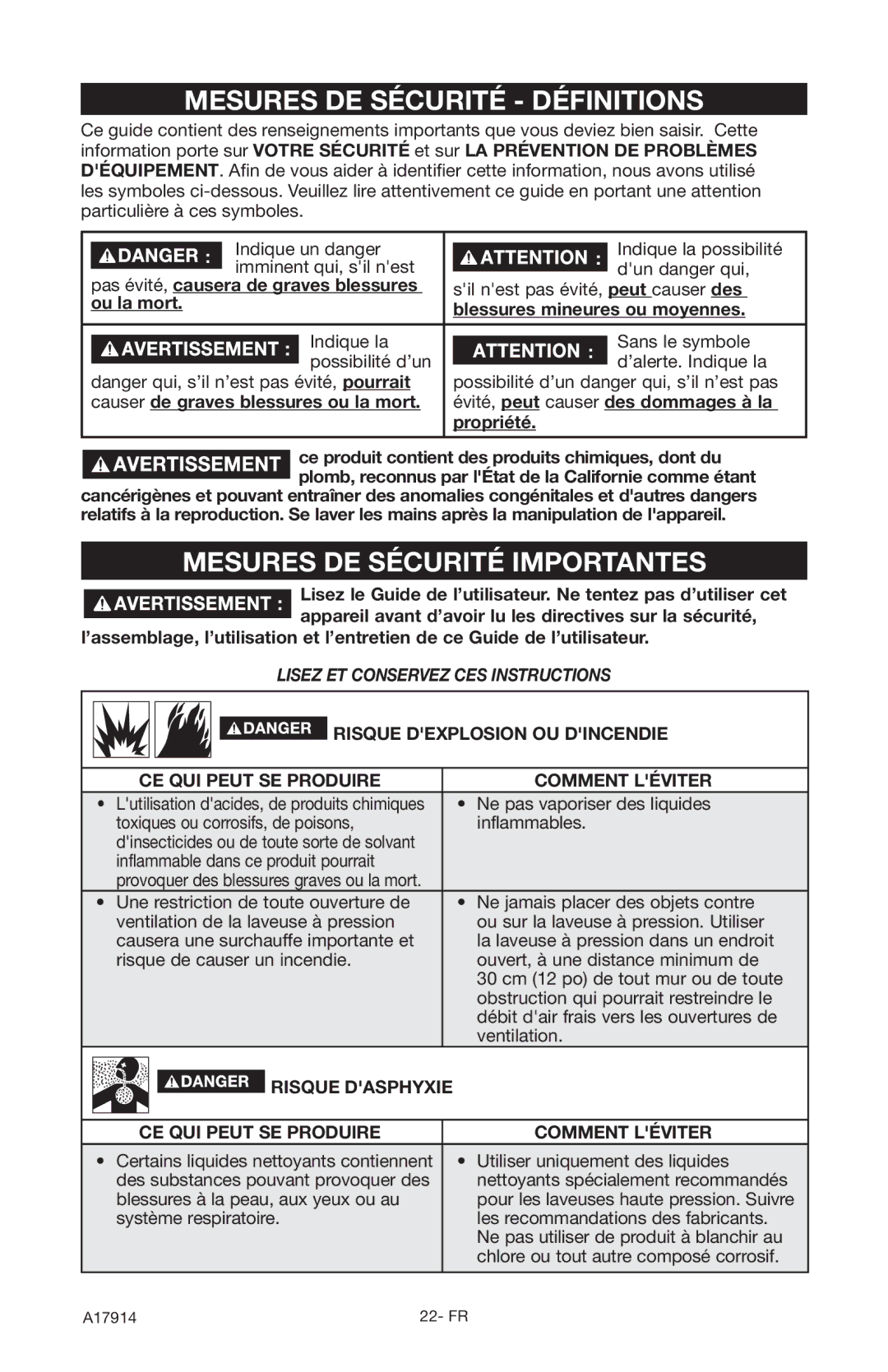 Porter-Cable A17914-05-10-06, PCE1700 Mesures DE Sécurité Définitions, Mesures DE Sécurité Importantes, Propriété 