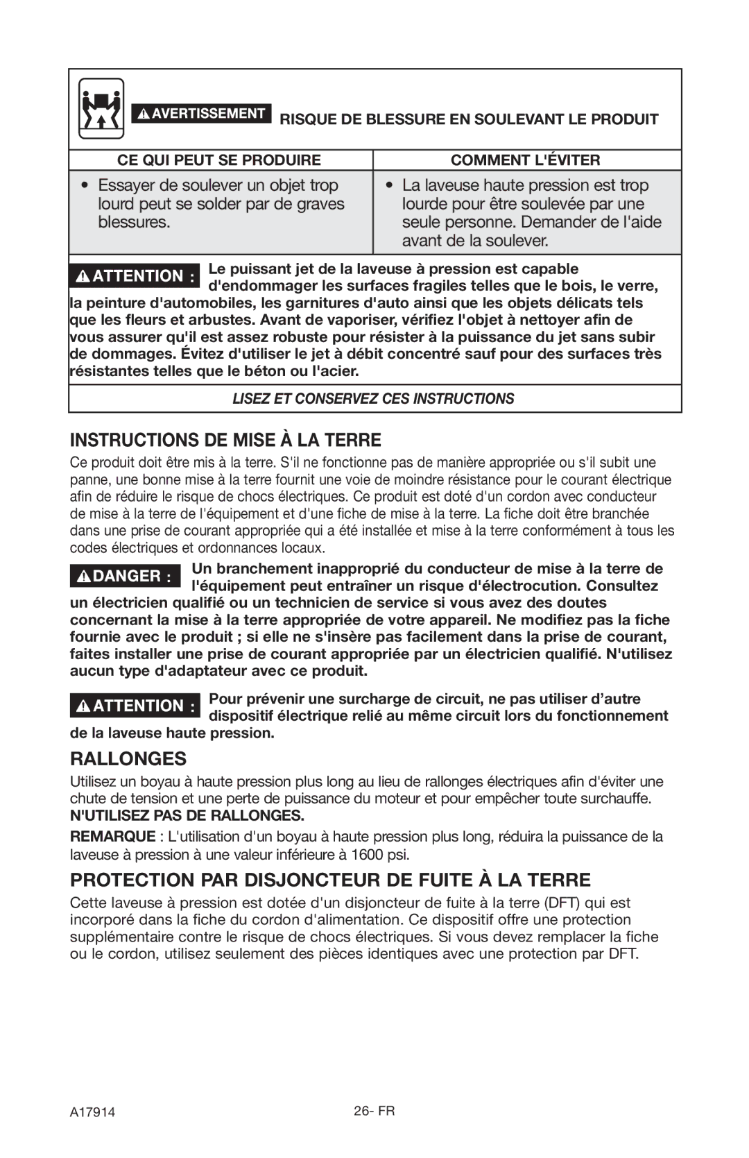 Porter-Cable A17914-05-10-06 Instructions DE Mise À LA Terre, Rallonges, Protection PAR Disjoncteur DE Fuite À LA Terre 