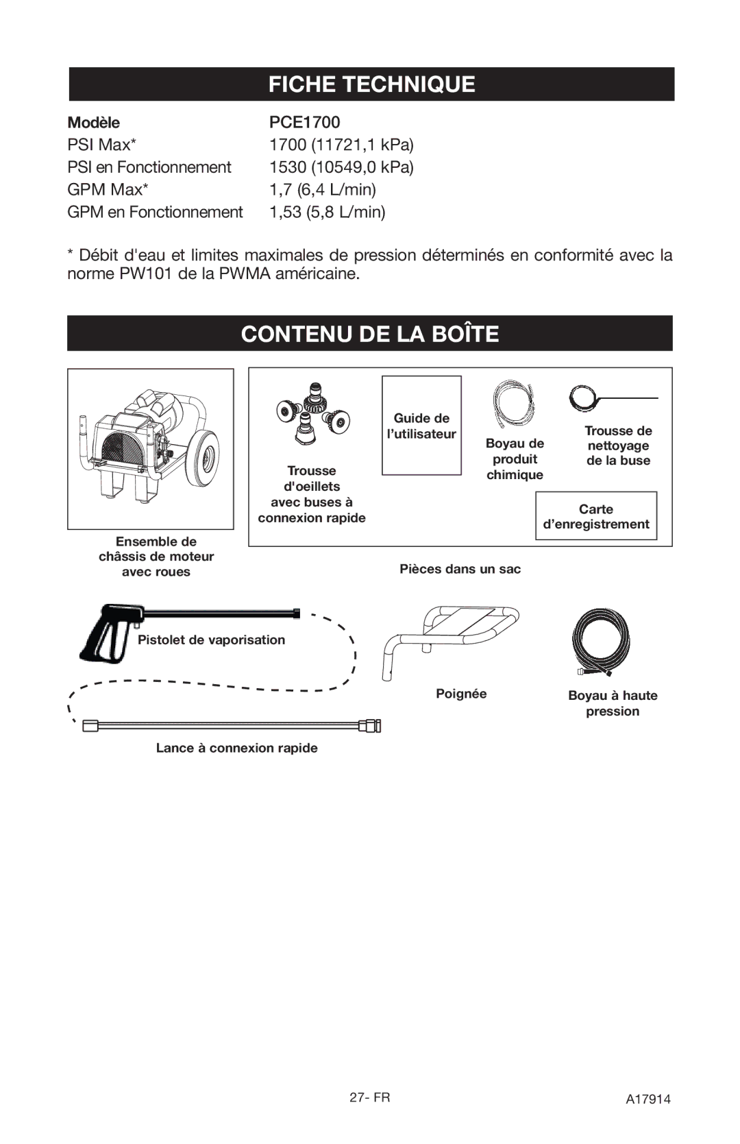 Porter-Cable PCE1700, A17914-05-10-06 instruction manual Fiche Technique, Contenu DE LA Boîte, Modèle 