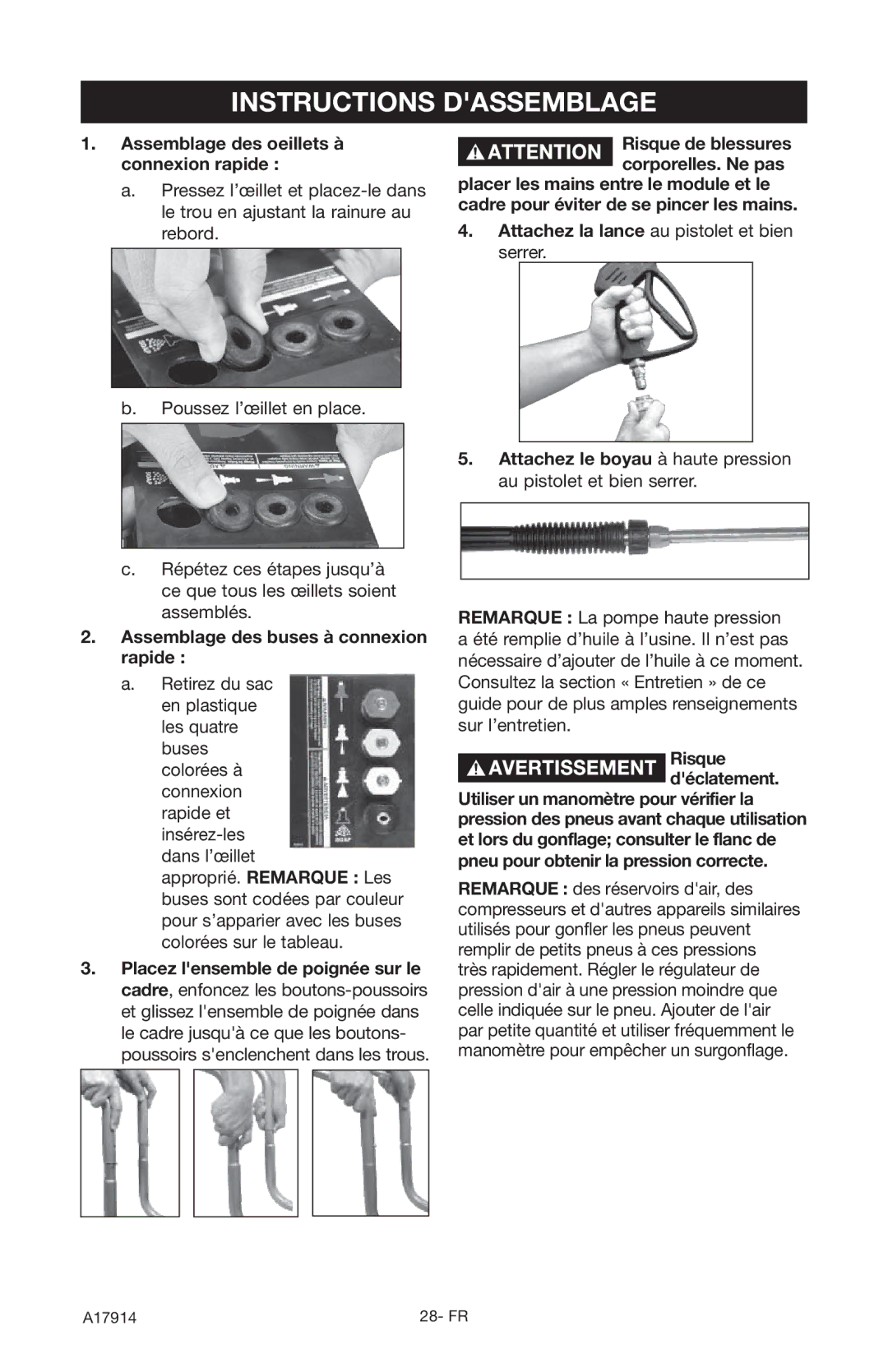 Porter-Cable A17914-05-10-06, PCE1700 instruction manual Instructions Dassemblage, Assemblage des buses à connexion rapide 