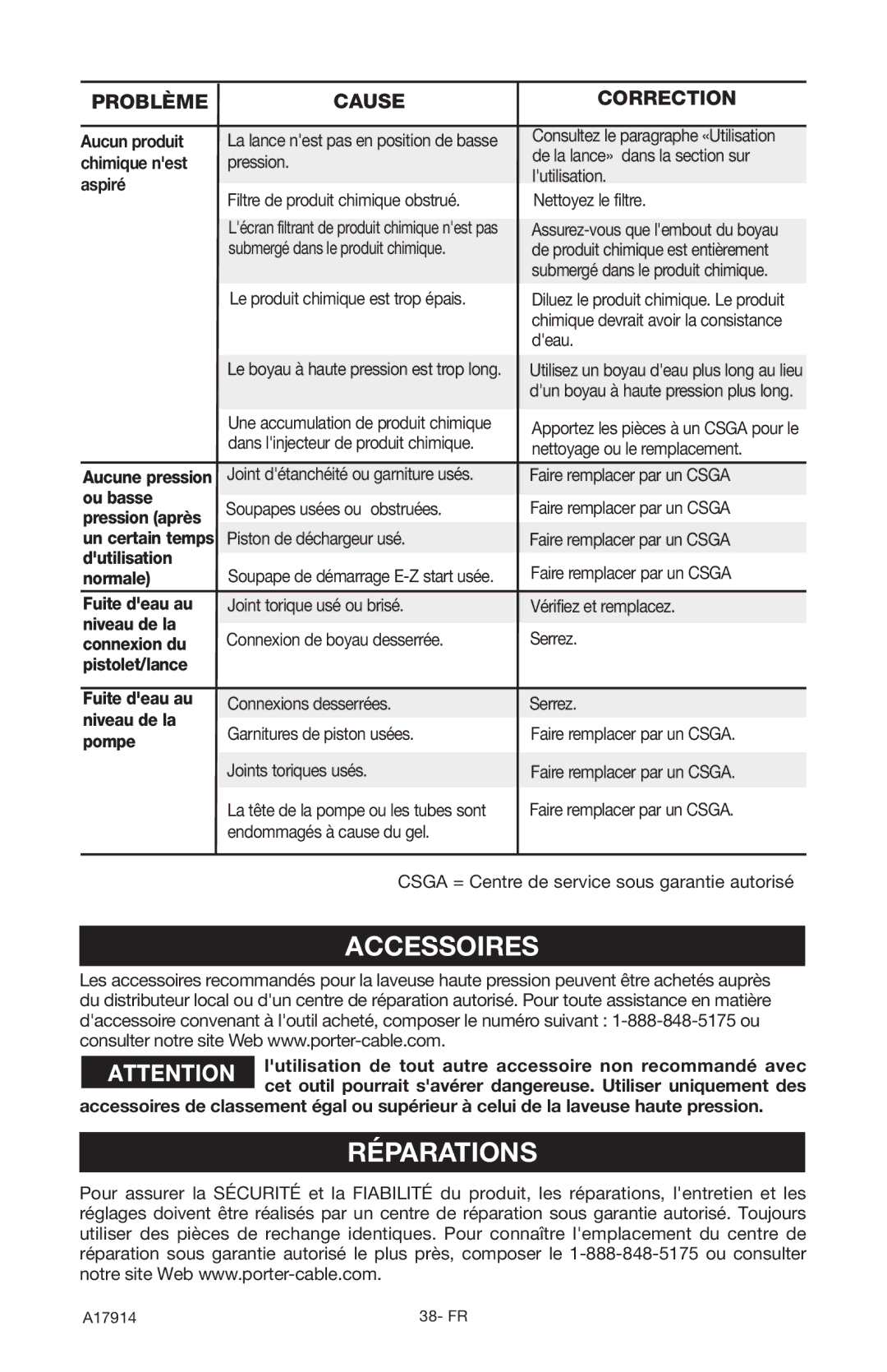 Porter-Cable A17914-05-10-06, PCE1700 instruction manual Accessoires, Réparations 