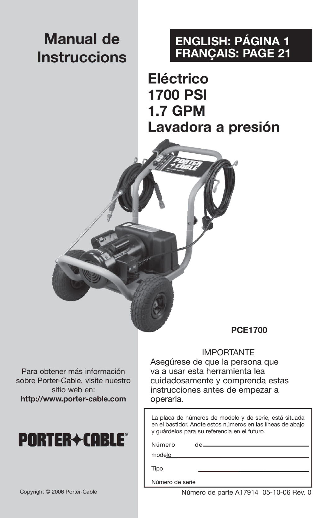 Porter-Cable PCE1700, A17914-05-10-06 instruction manual Manual de, Número de parte A17914 05-10-06 Rev 