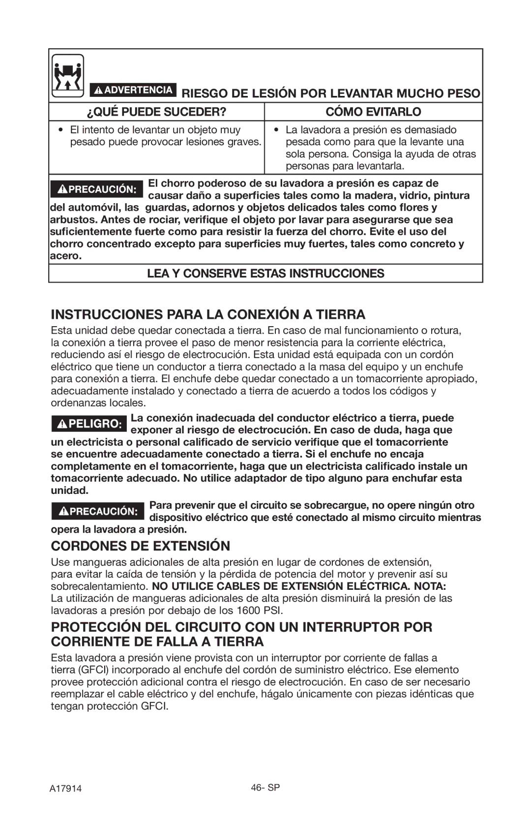 Porter-Cable A17914-05-10-06 Instrucciones Para LA Conexión a Tierra, Cordones DE Extensión, Opera la lavadora a presión 