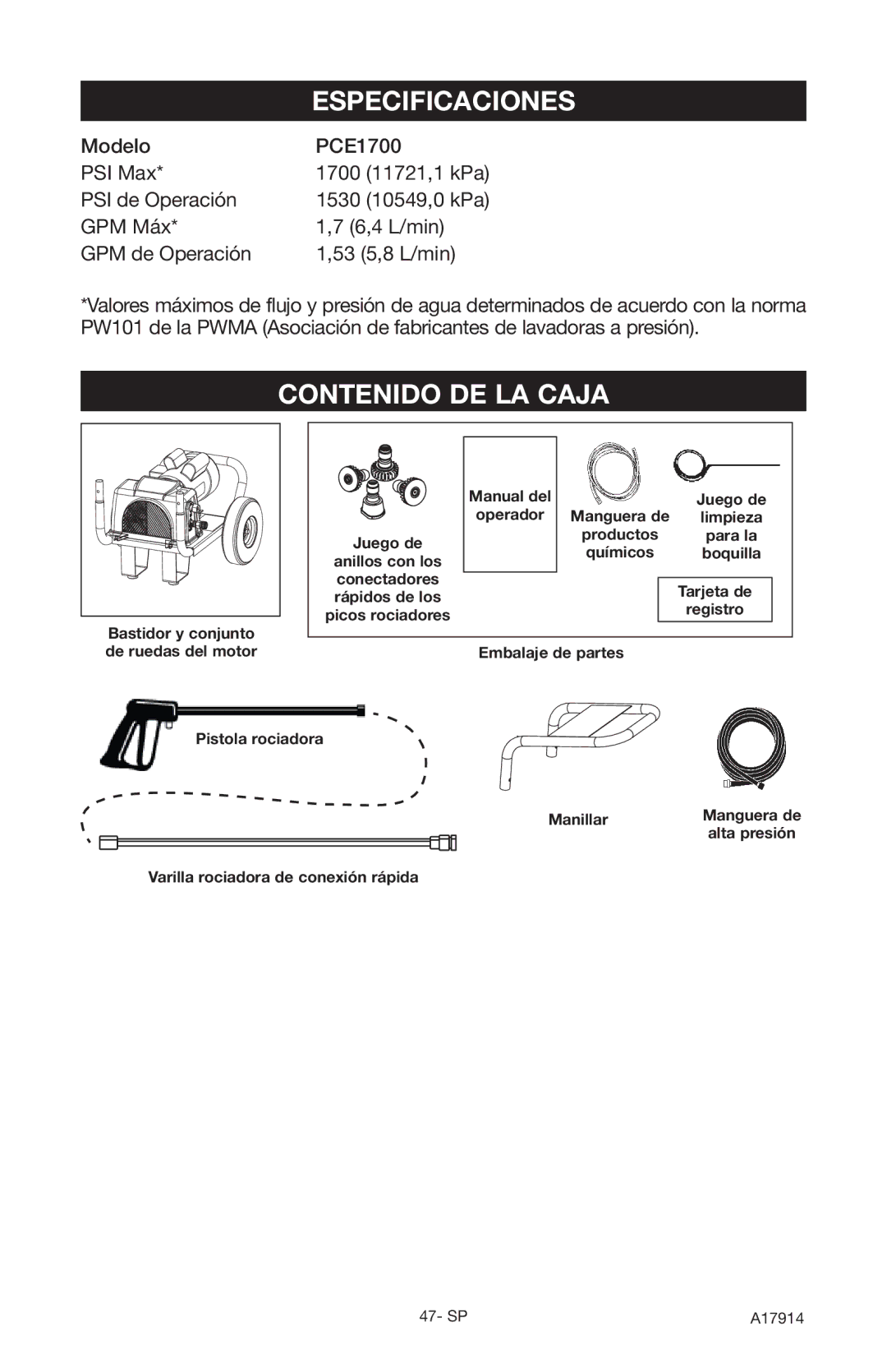 Porter-Cable PCE1700, A17914-05-10-06 instruction manual Especificaciones, Contenido DE LA Caja 