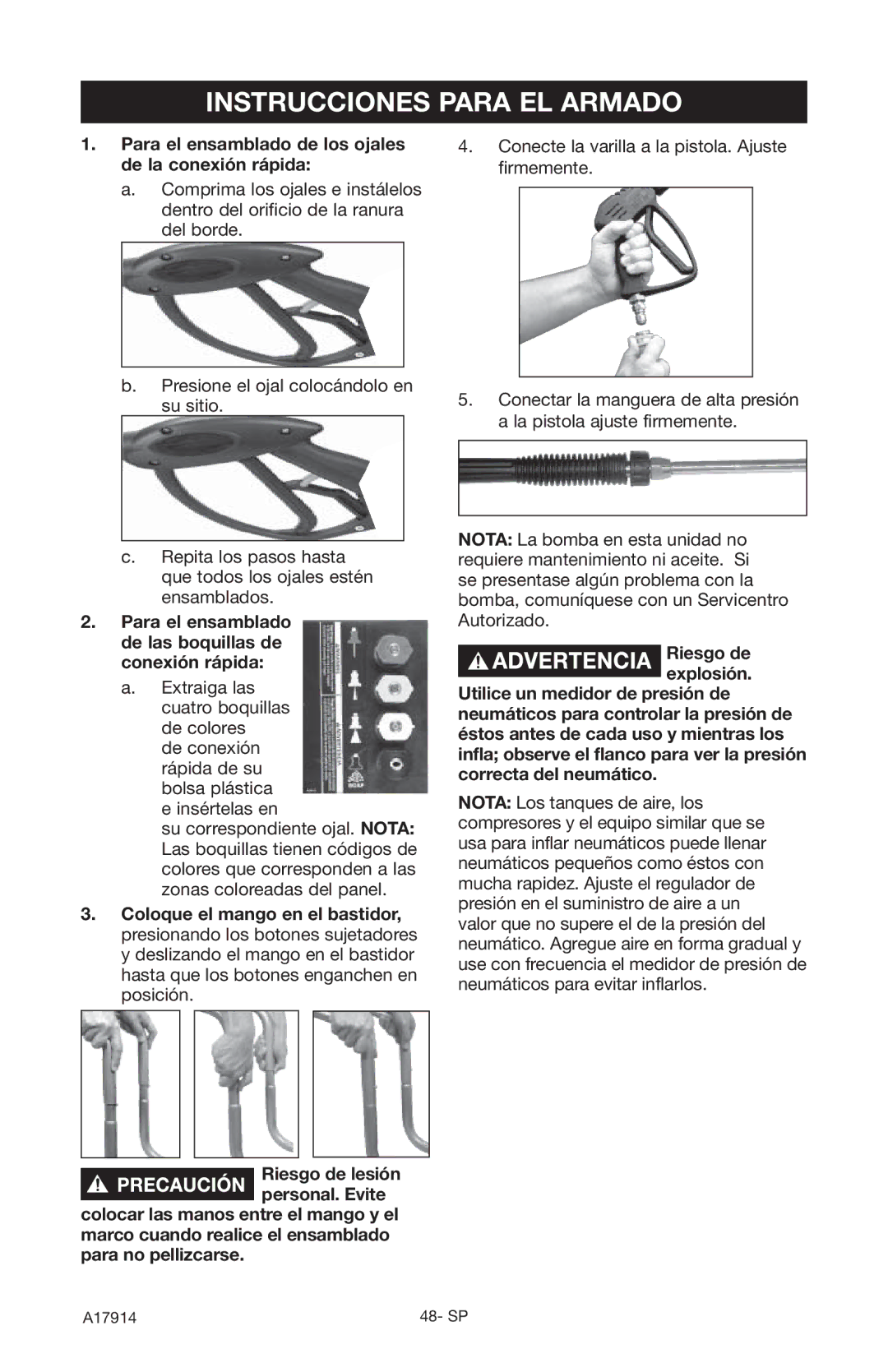 Porter-Cable A17914-05-10-06, PCE1700 Instrucciones Para EL Armado, Para el ensamblado de los ojales de la conexión rápida 