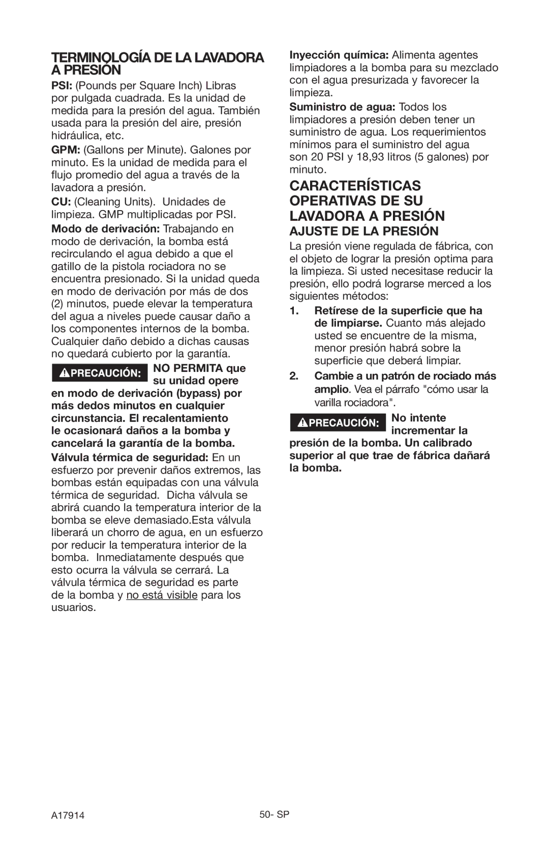 Porter-Cable A17914-05-10-06 Terminología DE LA Lavadora a Presión, Características Operativas DE SU Lavadora a Presión 