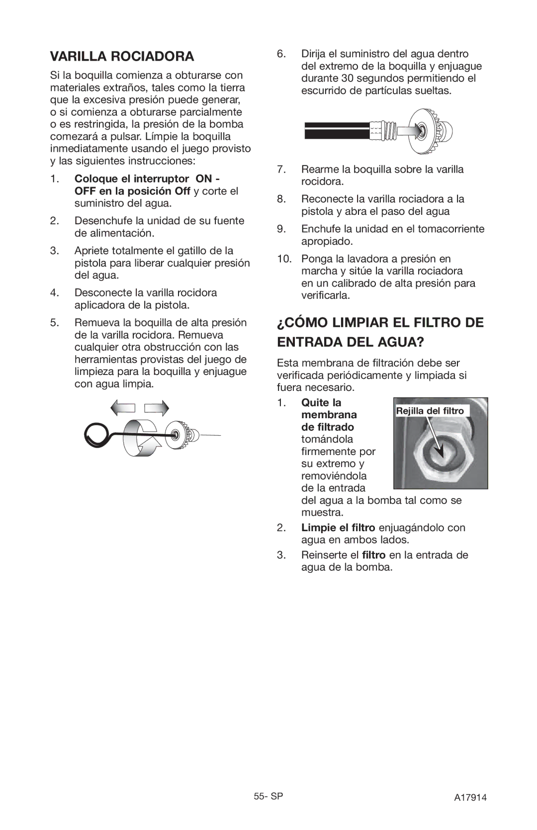 Porter-Cable PCE1700 Varilla Rociadora, ¿CÓMO Limpiar EL Filtro DE Entrada DEL AGUA?, Quite la Membrana, De filtrado 