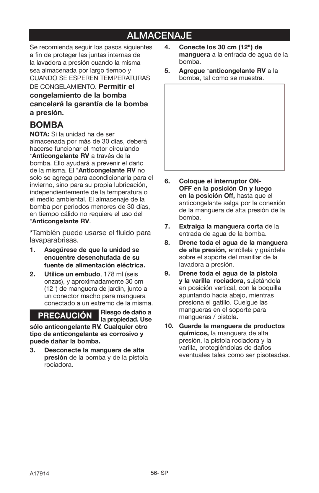 Porter-Cable A17914-05-10-06, PCE1700 instruction manual Almacenaje, Bomba 