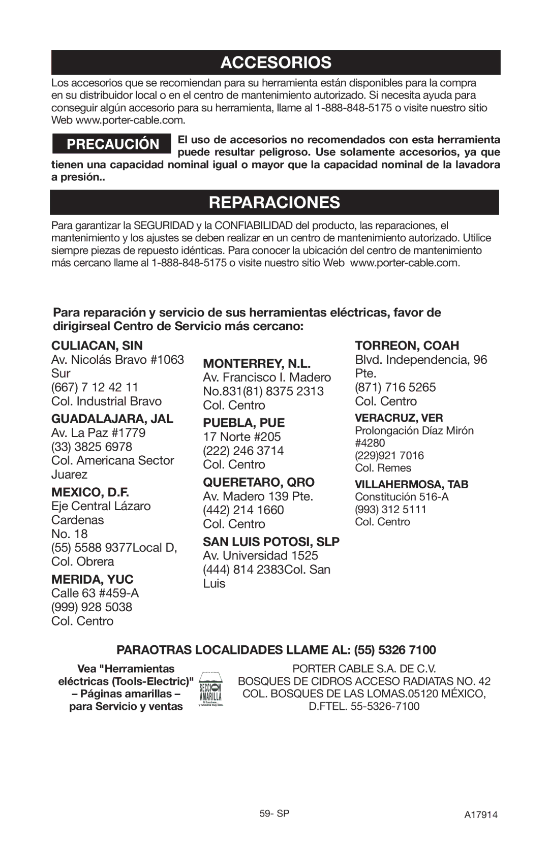 Porter-Cable PCE1700, A17914-05-10-06 instruction manual Accesorios, Reparaciones 