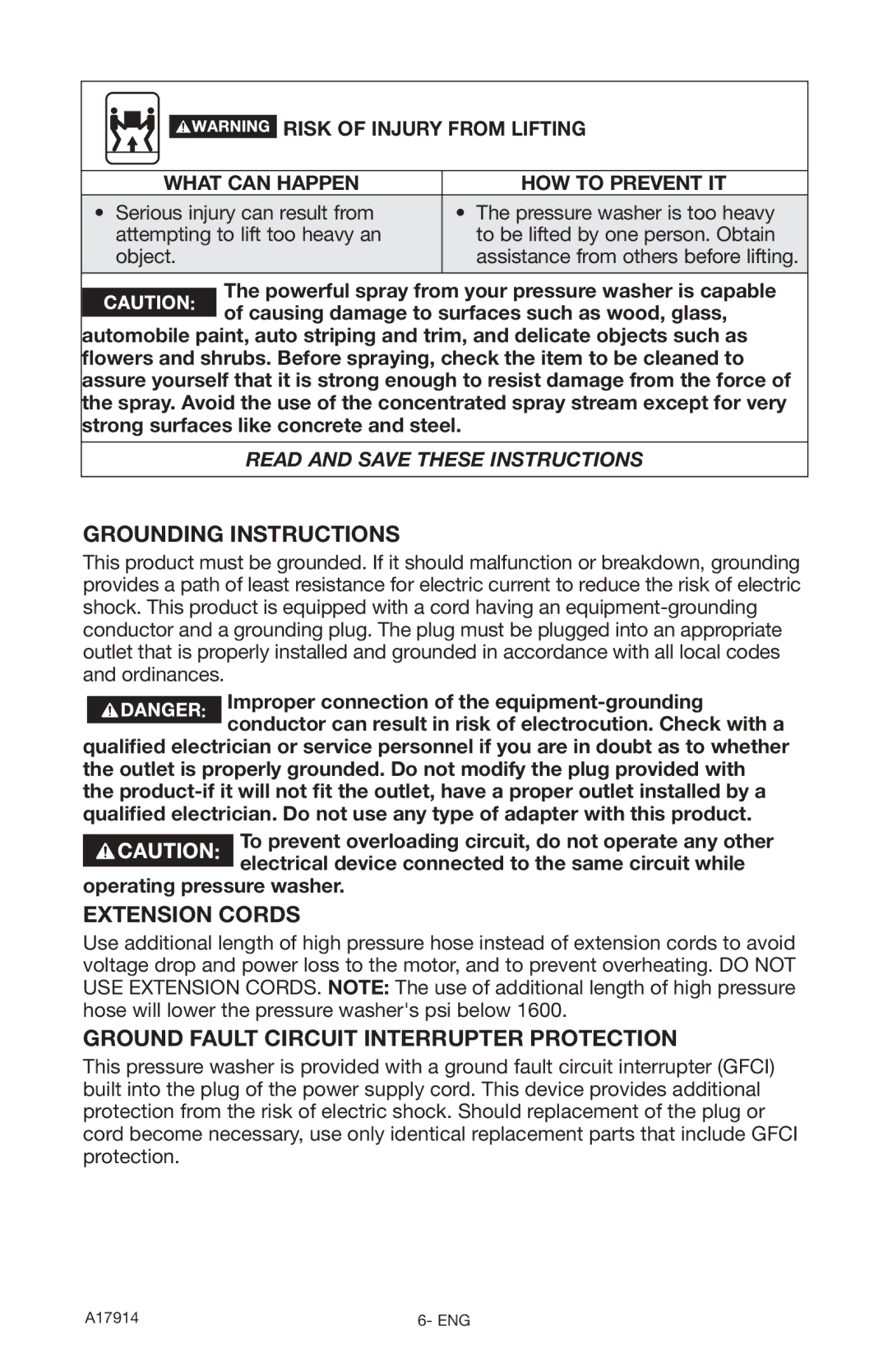 Porter-Cable A17914-05-10-06, PCE1700 Grounding Instructions, Extension Cords, Ground Fault Circuit Interrupter Protection 