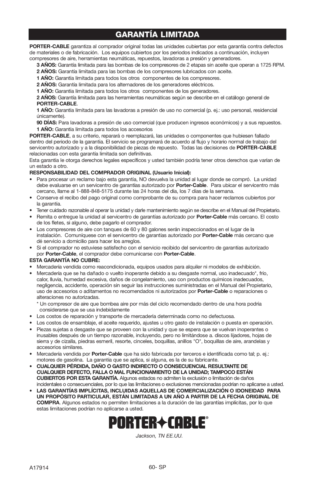 Porter-Cable A17914-05-10-06, PCE1700 instruction manual Garantía Limitada 